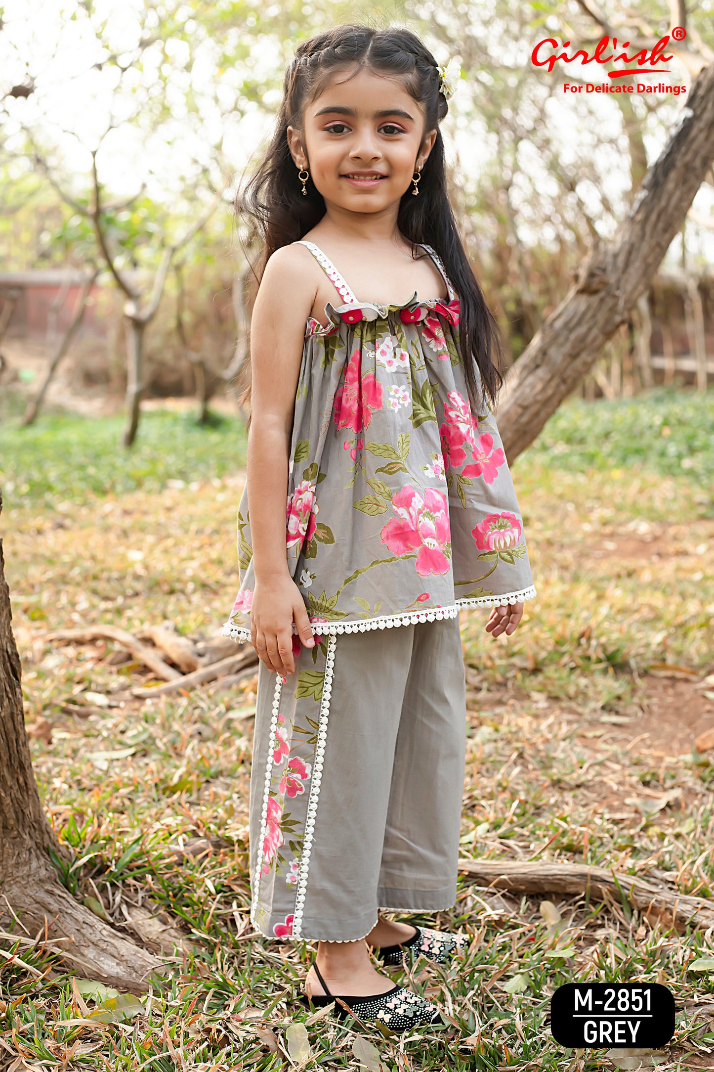 Grey Floral Print Spaghetti Top with Plazo Set – Indo-Western Kids Ethnic Wear | Label Anju Kumar
