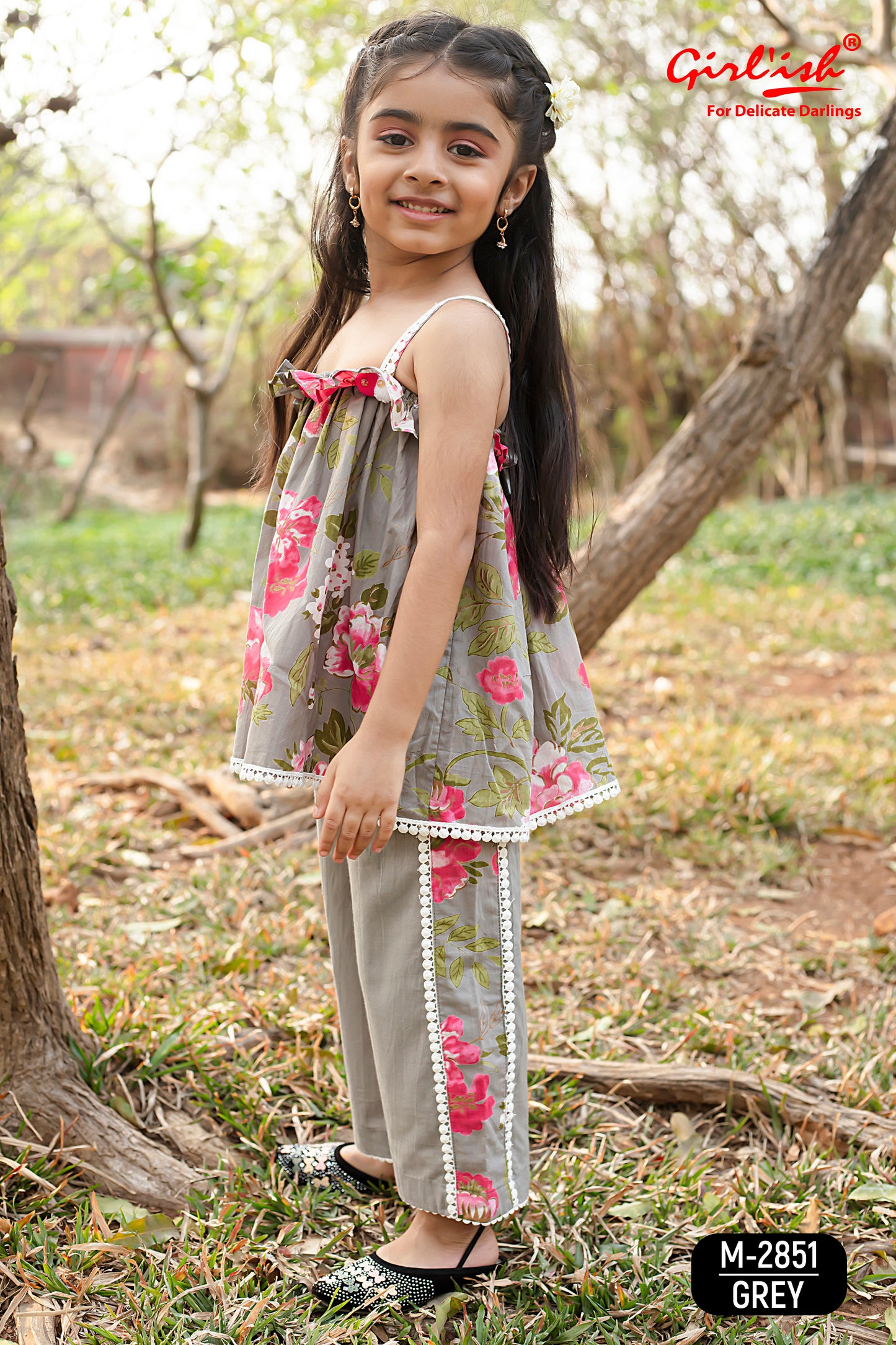 Grey Floral Print Spaghetti Top with Plazo Set – Indo-Western Kids Ethnic Wear | Label Anju Kumar