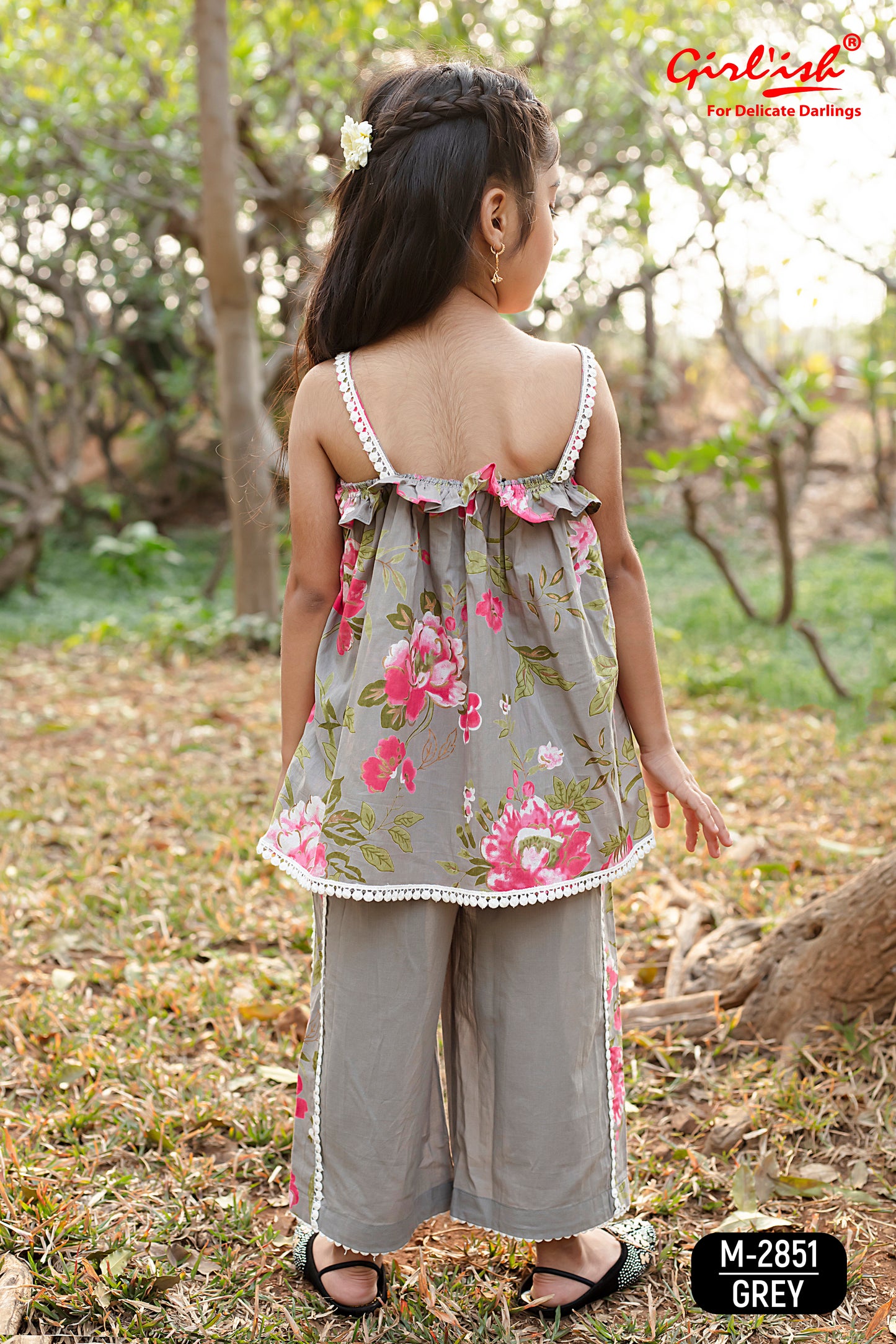 Grey Floral Print Spaghetti Top with Plazo Set – Indo-Western Kids Ethnic Wear | Label Anju Kumar