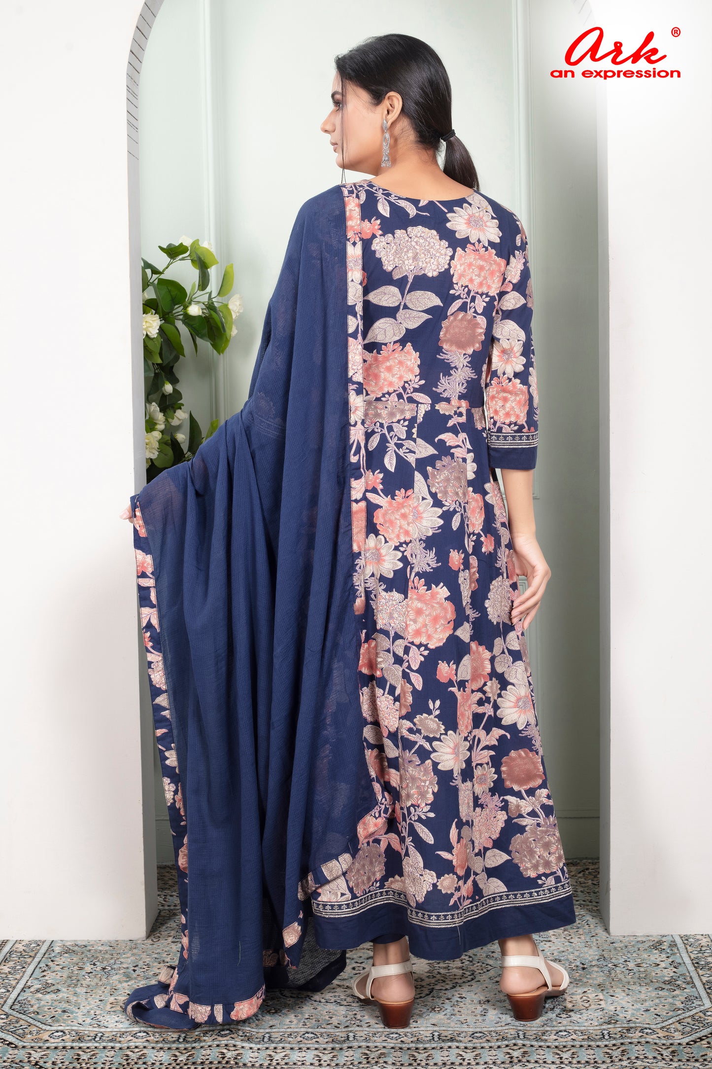 Navy Blue Floral Cotton Anarkali Suit with Mirror Work & Dupatta