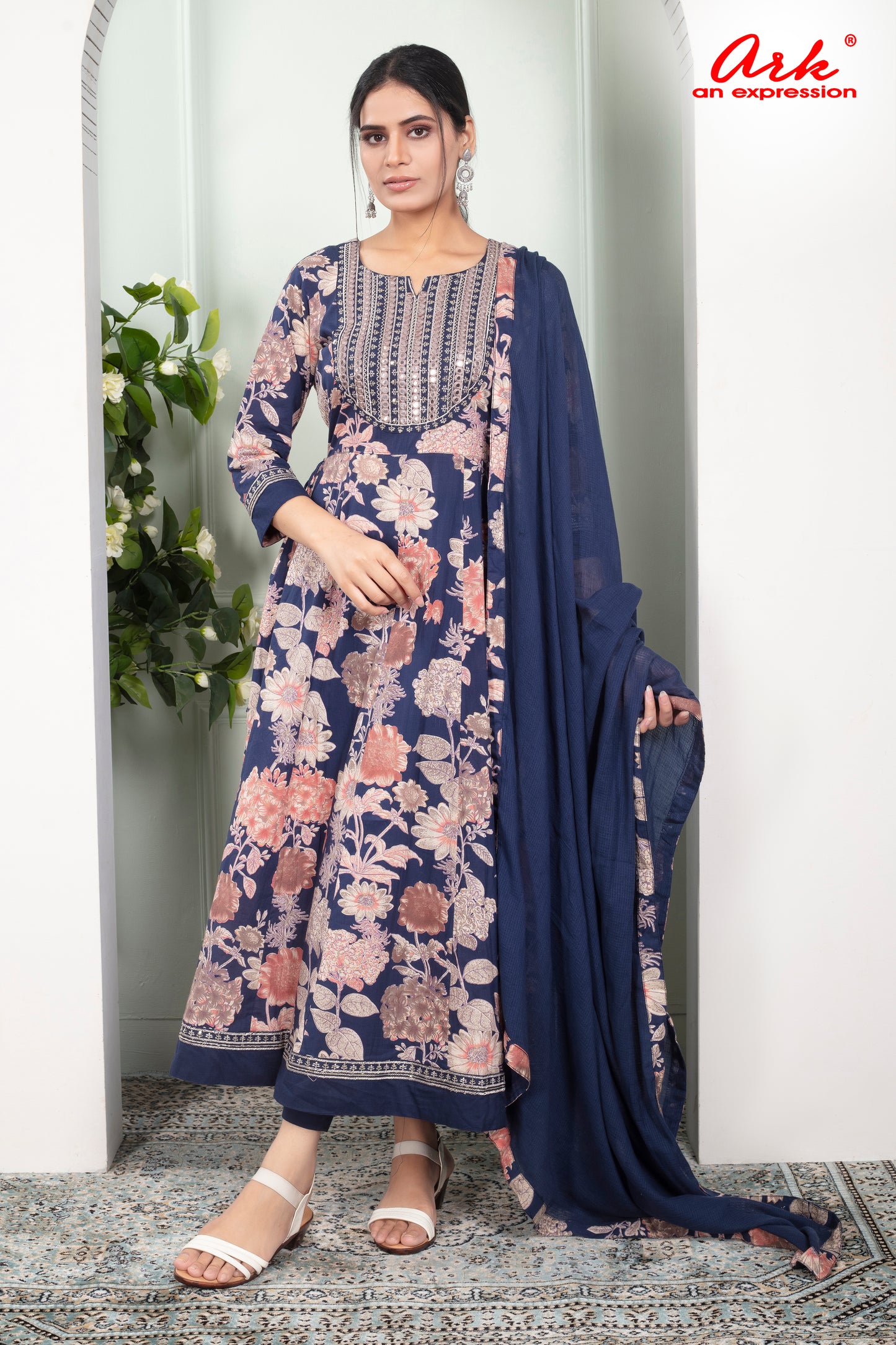 Navy Blue Floral Cotton Anarkali Suit with Mirror Work & Dupatta