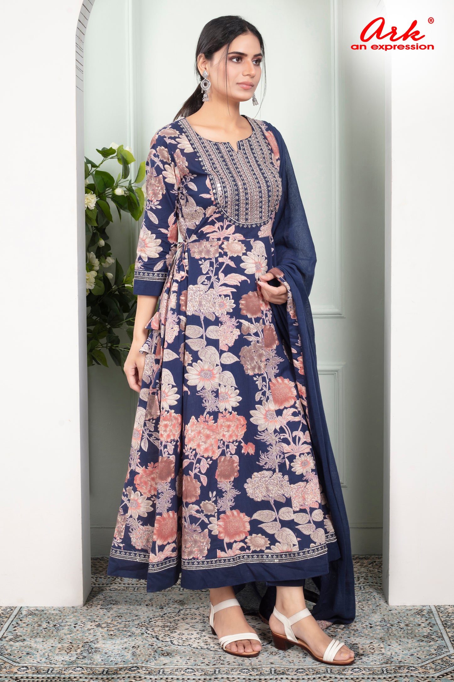 Navy Blue Floral Cotton Anarkali Suit with Mirror Work & Dupatta