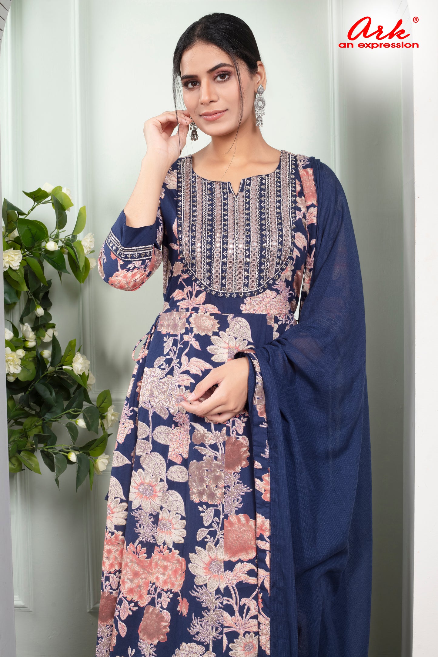 Navy Blue Floral Cotton Anarkali Suit with Mirror Work & Dupatta