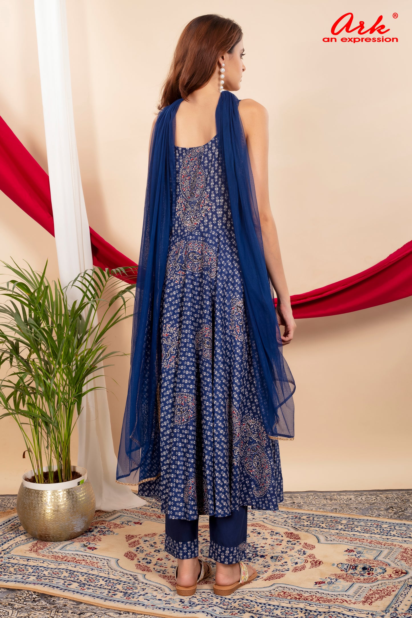 Blue Cotton Spaghetti Style Anarkali Suit Set with Mirror Embroidery & Net Dupatta – Women’s Ethnic Wear