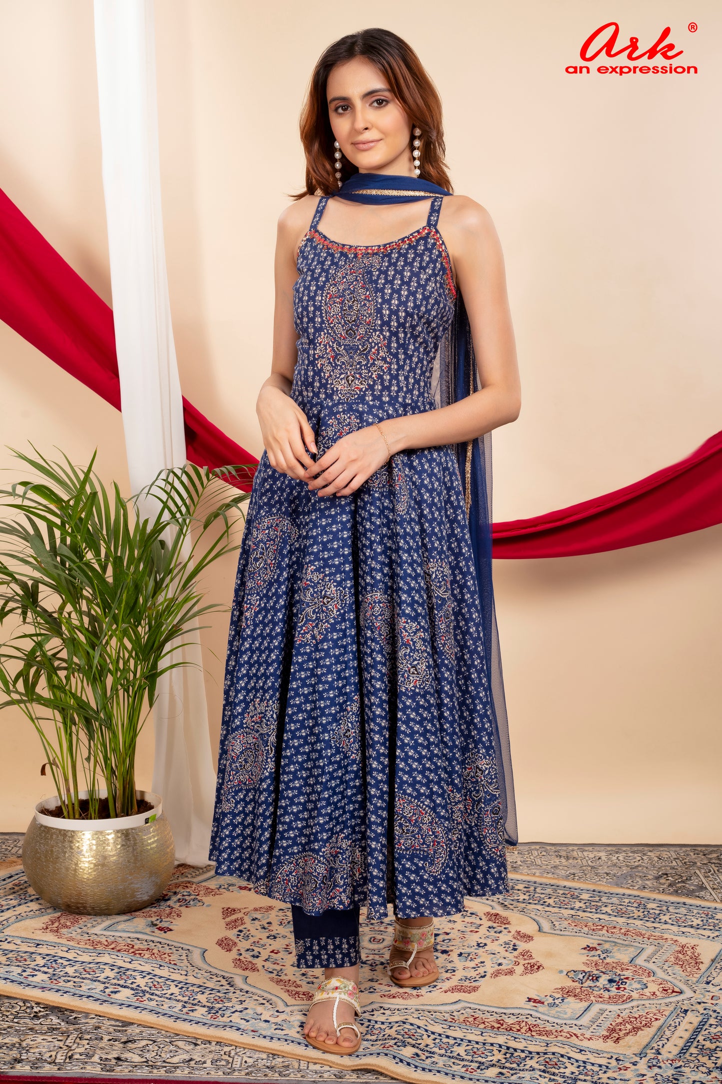 Blue Cotton Spaghetti Style Anarkali Suit Set with Mirror Embroidery & Net Dupatta – Women’s Ethnic Wear