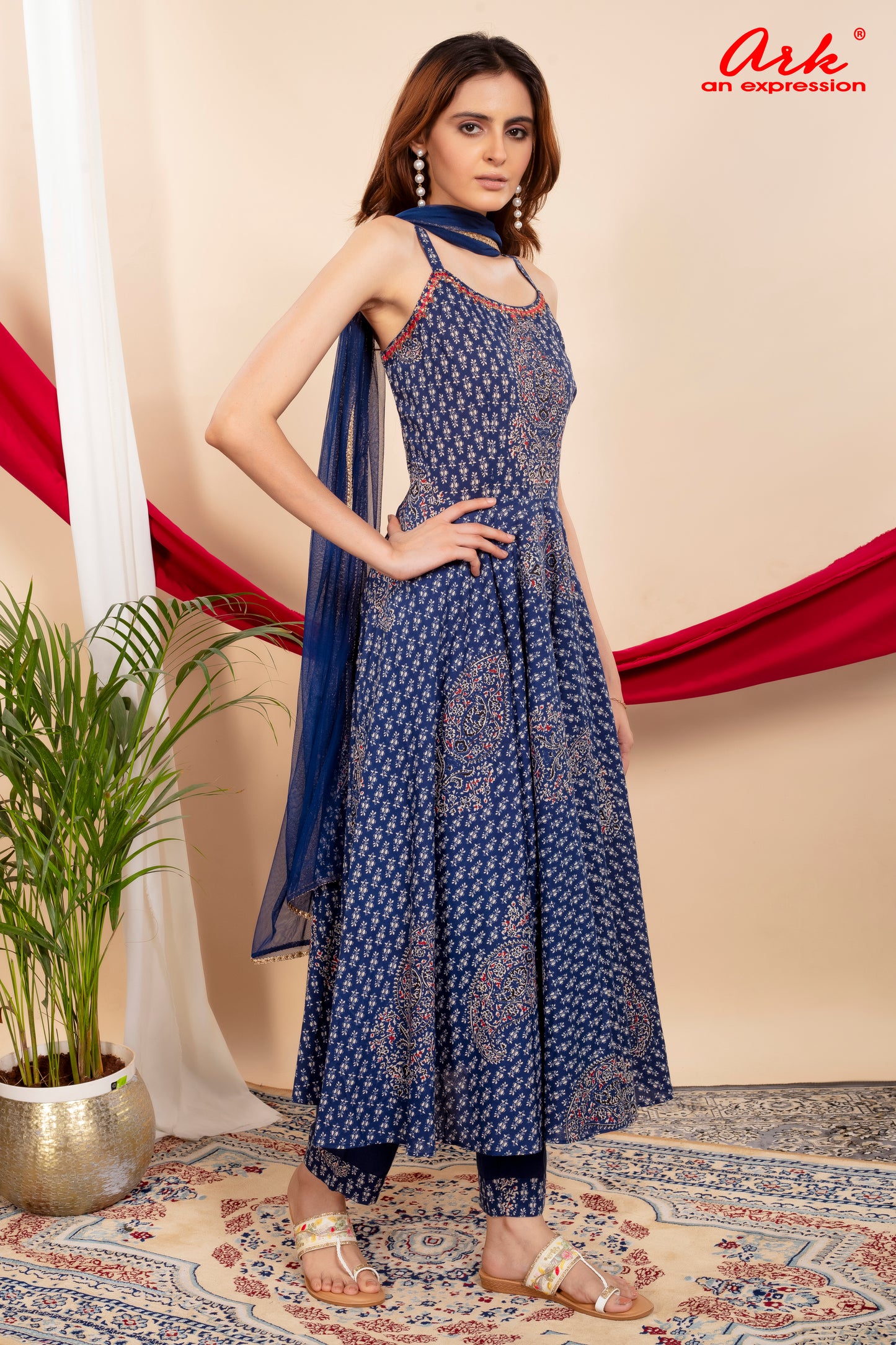Blue Cotton Spaghetti Style Anarkali Suit Set with Mirror Embroidery & Net Dupatta – Women’s Ethnic Wear