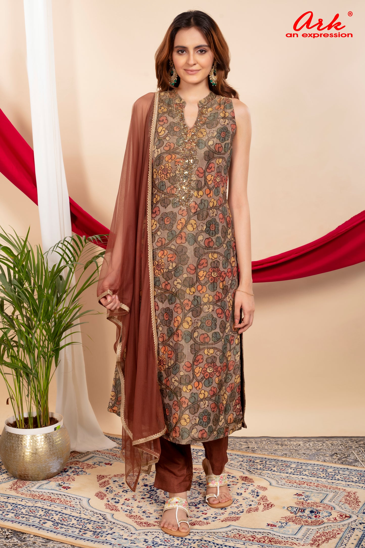 Brown Tissue Printed Straight Suit Dupatta Set with Hand Embroidery | Label Anju Kumar