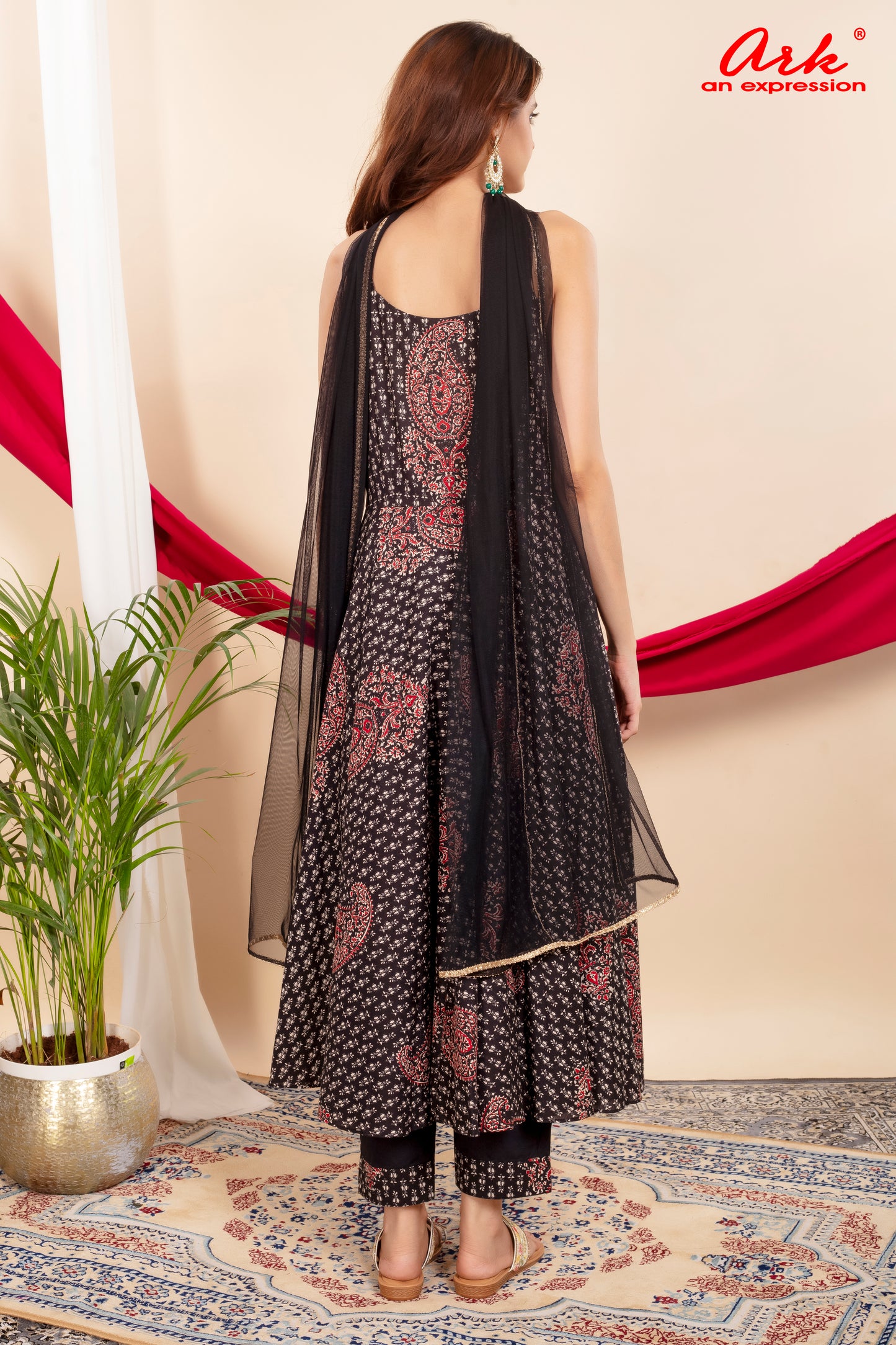 Black & Red Cotton Spaghetti Anarkali Suit Set with Mirror Embroidery & Net Dupatta – Women’s Ethnic Wear
