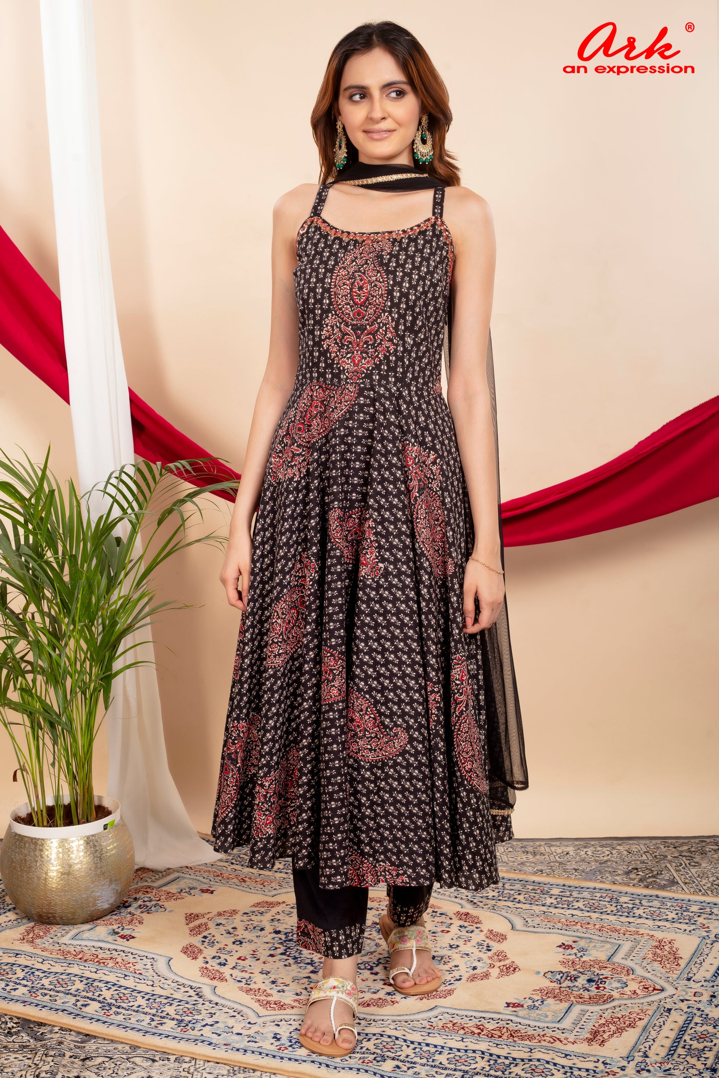 Black & Red Cotton Spaghetti Anarkali Suit Set with Mirror Embroidery & Net Dupatta – Women’s Ethnic Wear