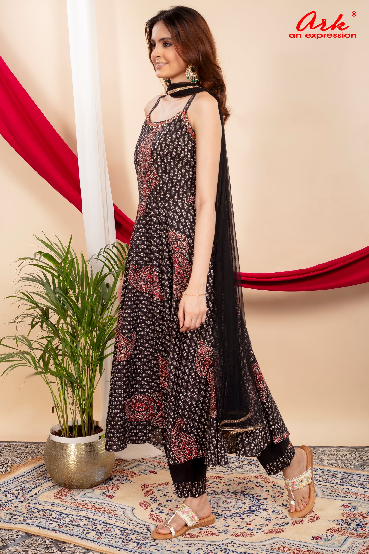Black & Red Cotton Spaghetti Anarkali Suit Set with Mirror Embroidery & Net Dupatta – Women’s Ethnic Wear