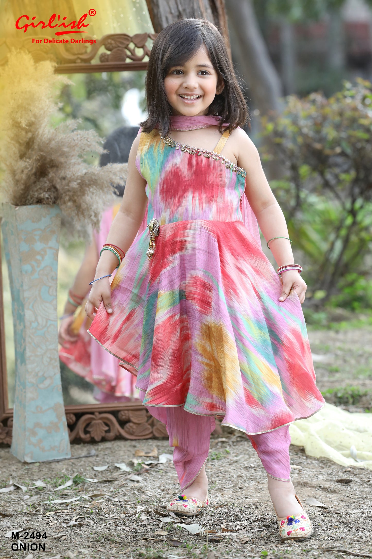 Onion Colour Ikkat Print Off-Shoulder Dhoti Suit Set for Girls | Pure Muslin Kids Ethnic Wear