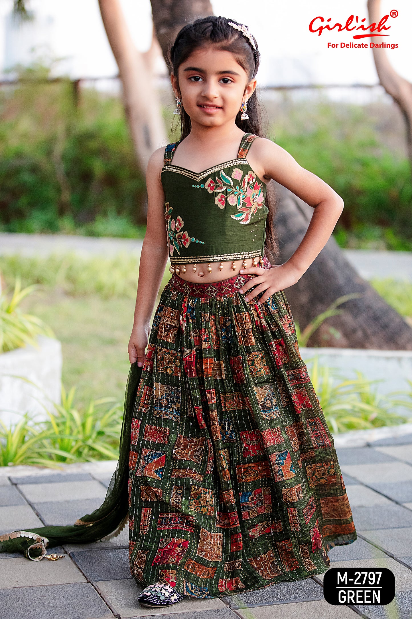 Embroidered Lehenga Choli Set for Girls – Green & Blue | Silk Choli, Chinon Lehenga, Net Dupatta | Label Anju Kumar