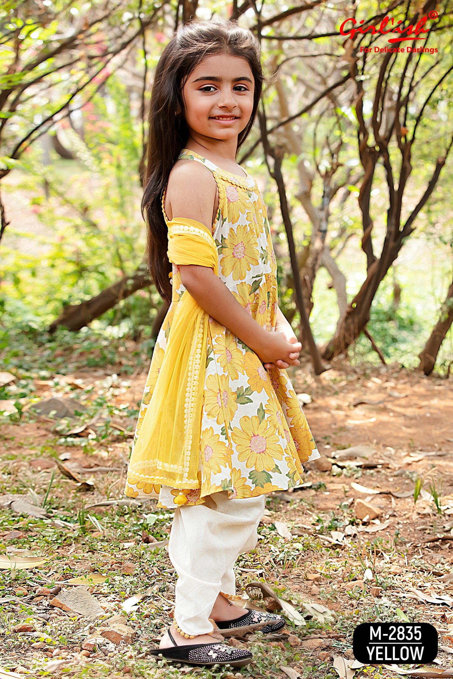 Yellow Floral Cotton Shirt with Off-White Dhoti & Dupatta – Kids Ethnic Dhoti Set | Label Anju Kumar