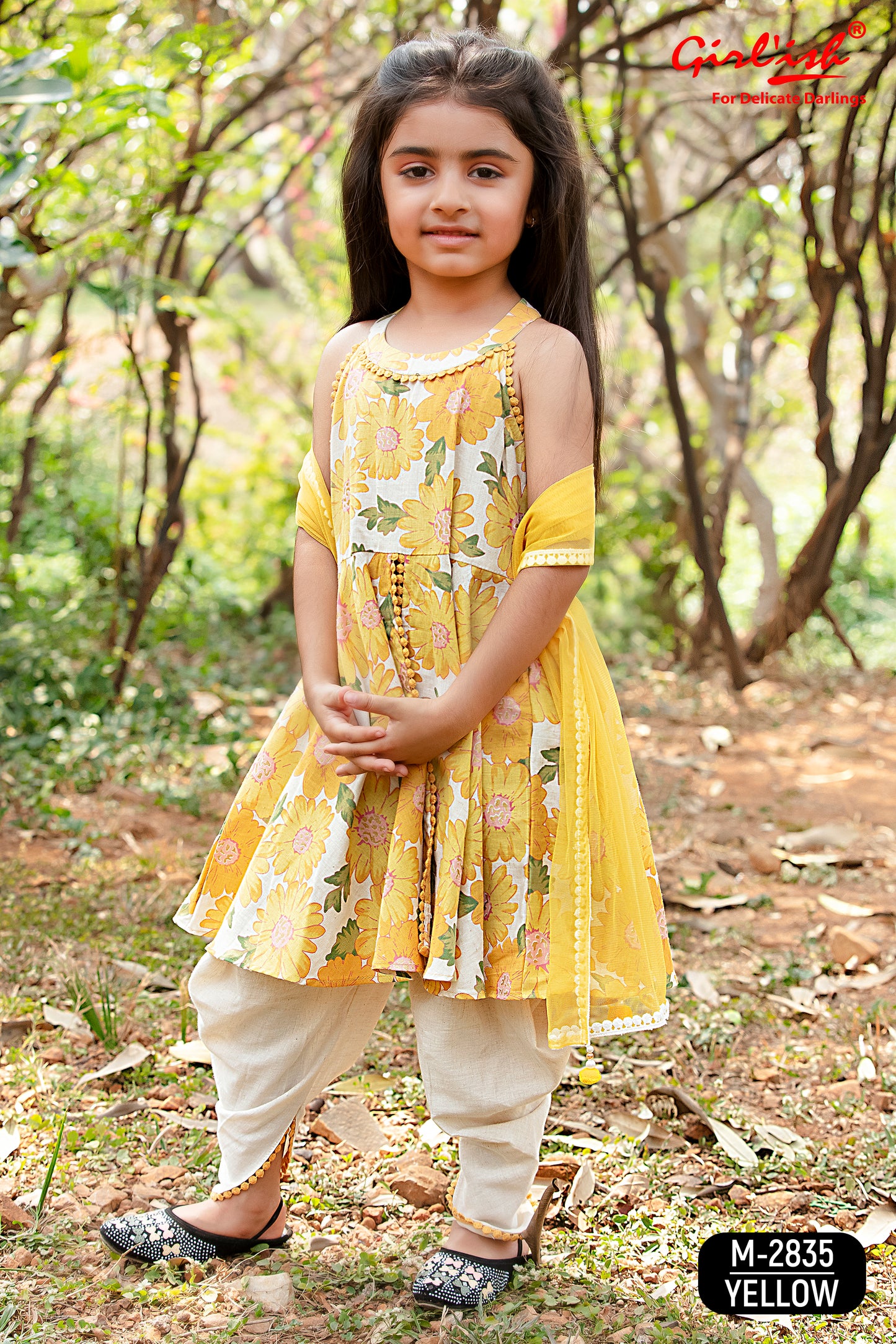 Yellow Floral Cotton Shirt with Off-White Dhoti & Dupatta – Kids Ethnic Dhoti Set | Label Anju Kumar