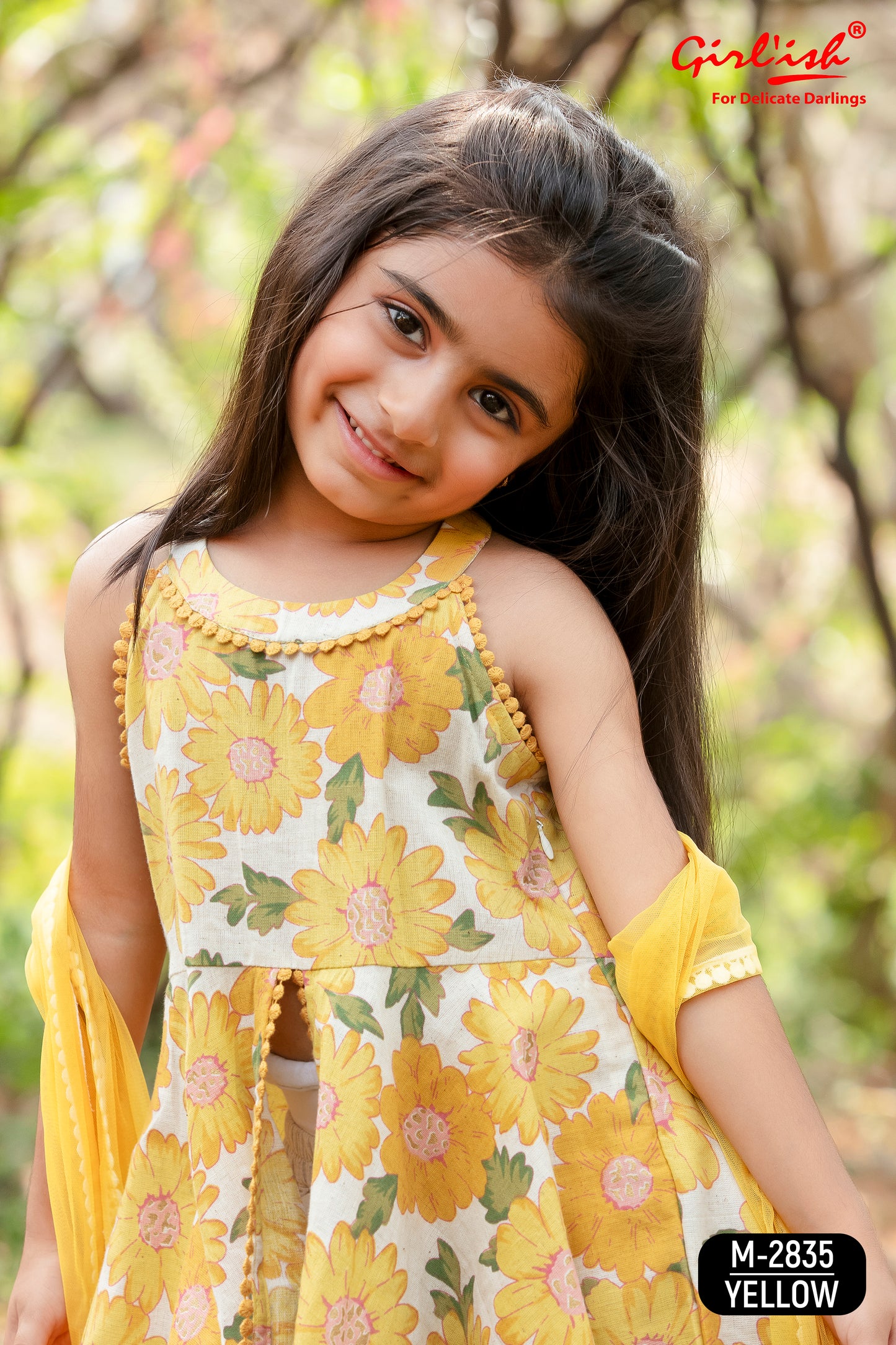 Yellow Floral Cotton Shirt with Off-White Dhoti & Dupatta – Kids Ethnic Dhoti Set | Label Anju Kumar