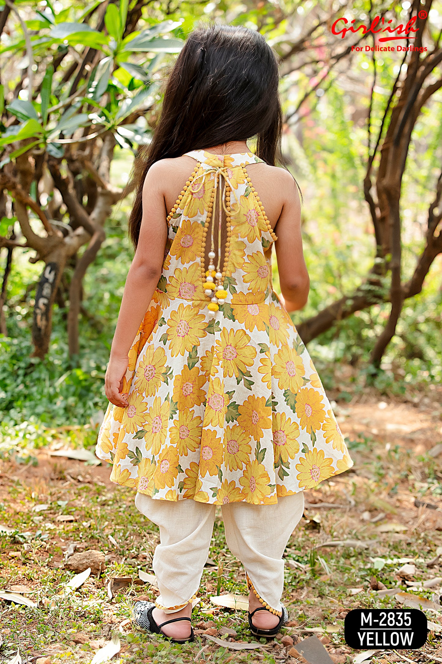 Yellow Floral Cotton Shirt with Off-White Dhoti & Dupatta – Kids Ethnic Dhoti Set | Label Anju Kumar