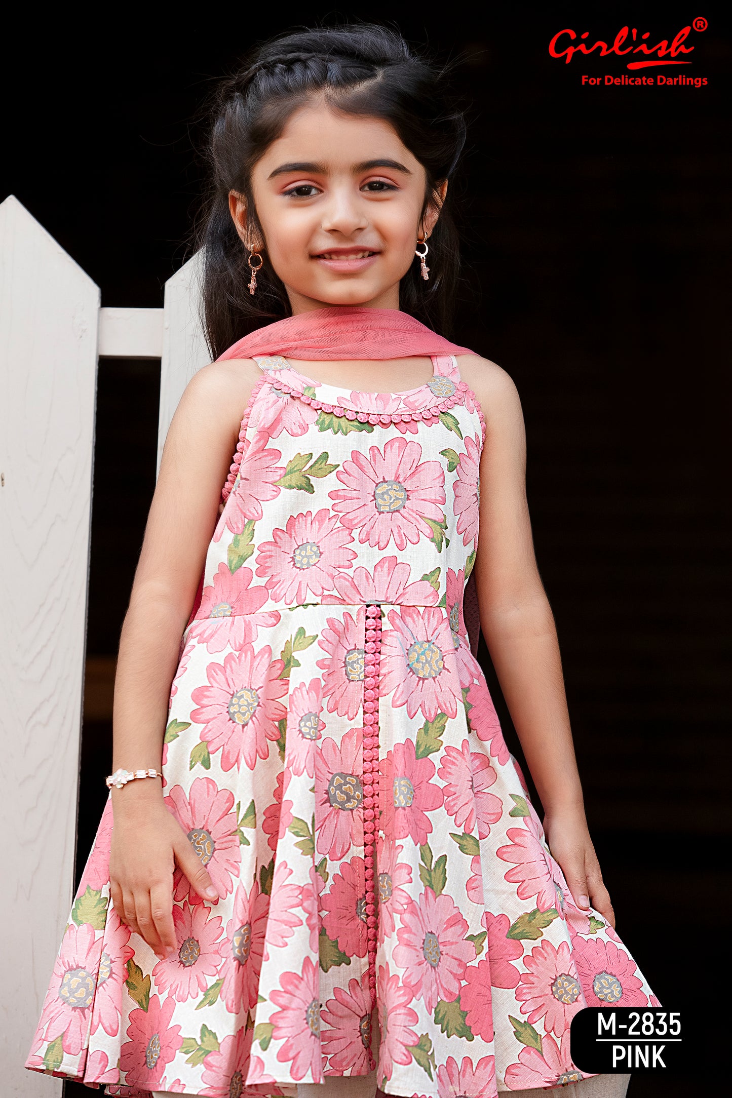 Pink Floral Cotton Dhoti Set with Dupatta – Traditional Ethnic Wear for Girls | Label Anju Kumar