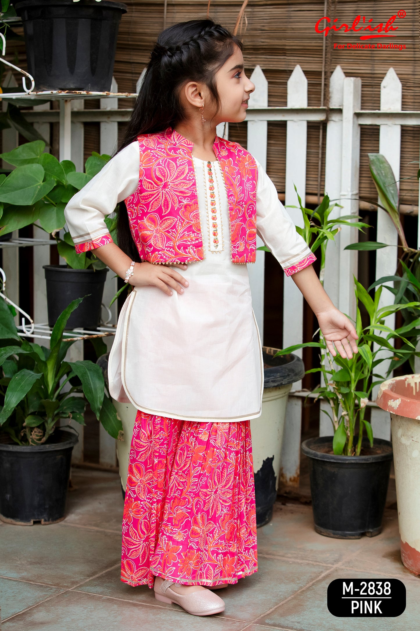 Off-White Cotton Sharara Set with Pink Printed Short Jacket – Girls Summer Ethnic Wear