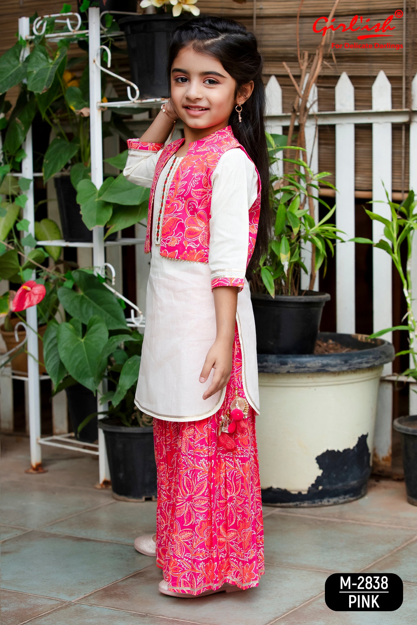 Off-White Cotton Sharara Set with Pink Printed Short Jacket – Girls Summer Ethnic Wear