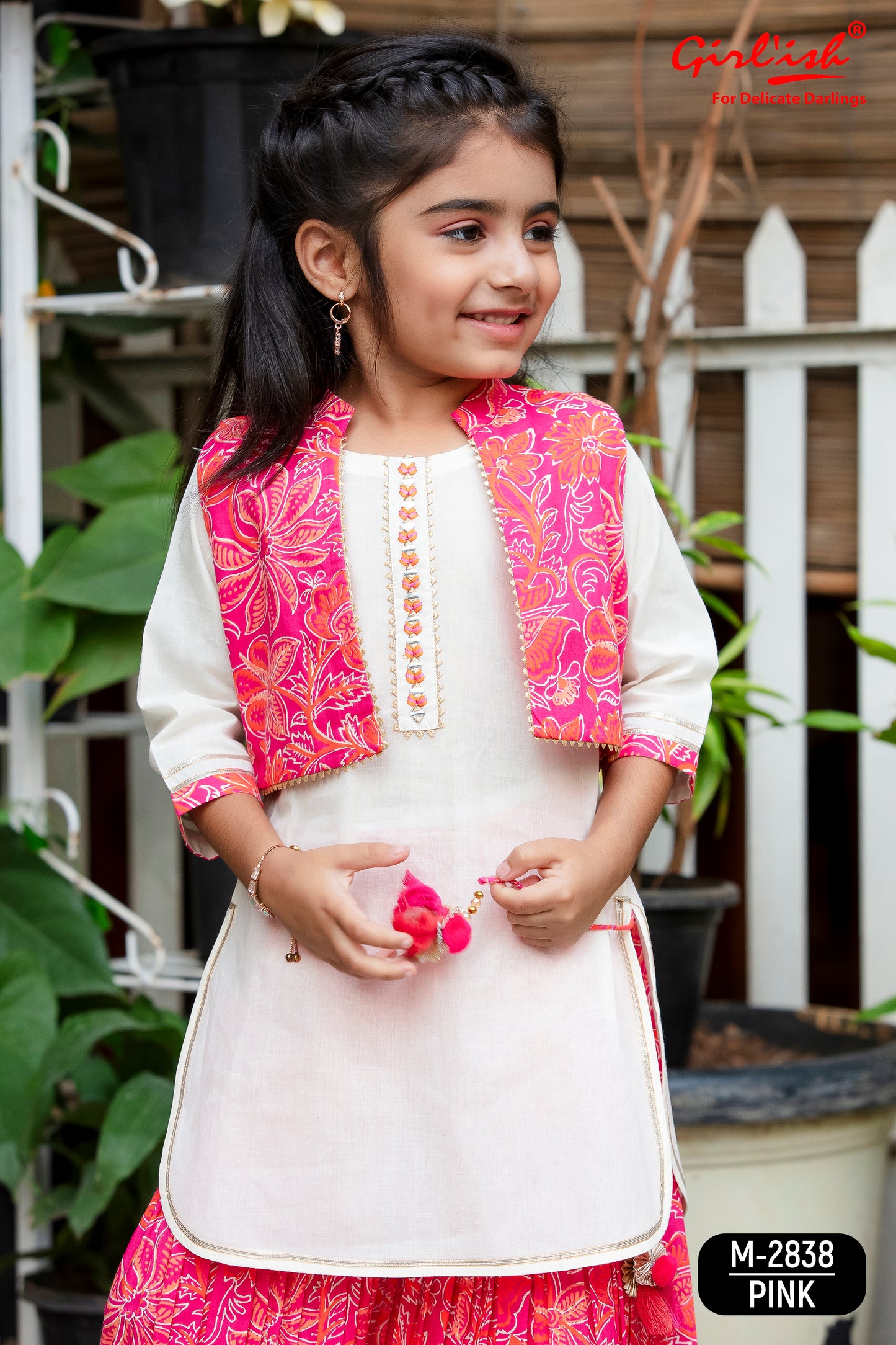 Off-White Cotton Sharara Set with Pink Printed Short Jacket – Girls Summer Ethnic Wear