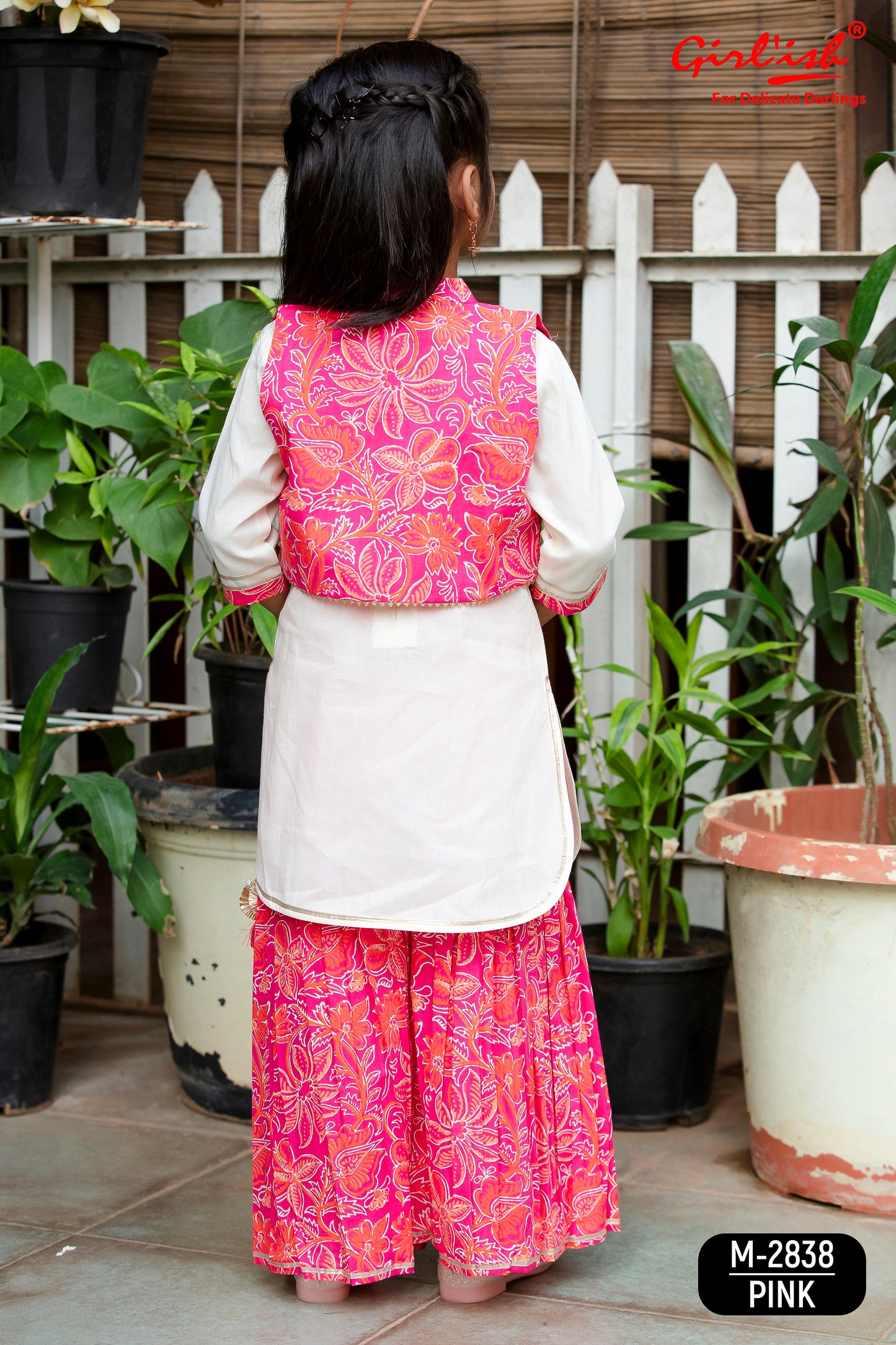 Off-White Cotton Sharara Set with Pink Printed Short Jacket – Girls Summer Ethnic Wear
