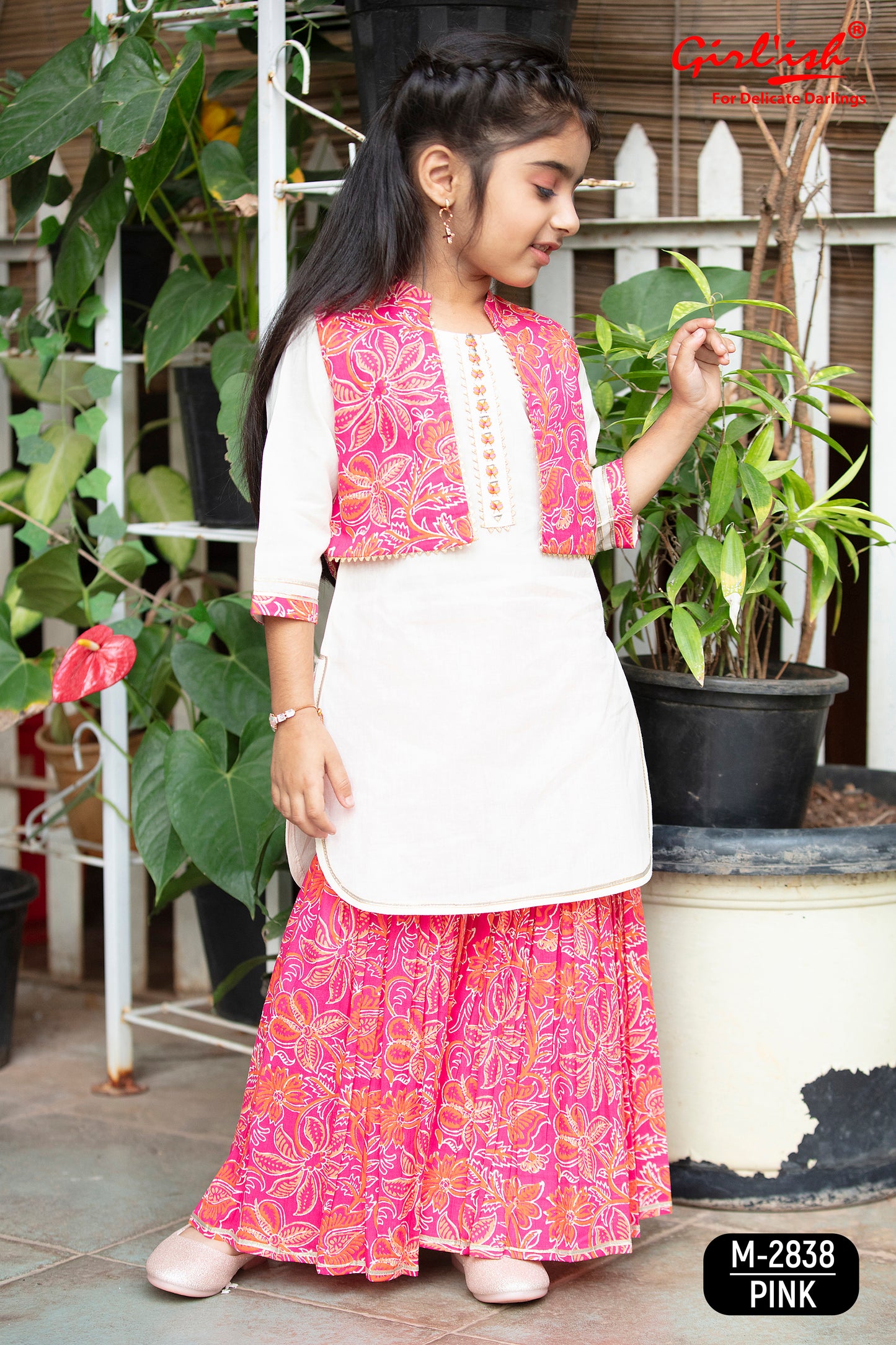 Off-White Cotton Sharara Set with Pink Printed Short Jacket – Girls Summer Ethnic Wear