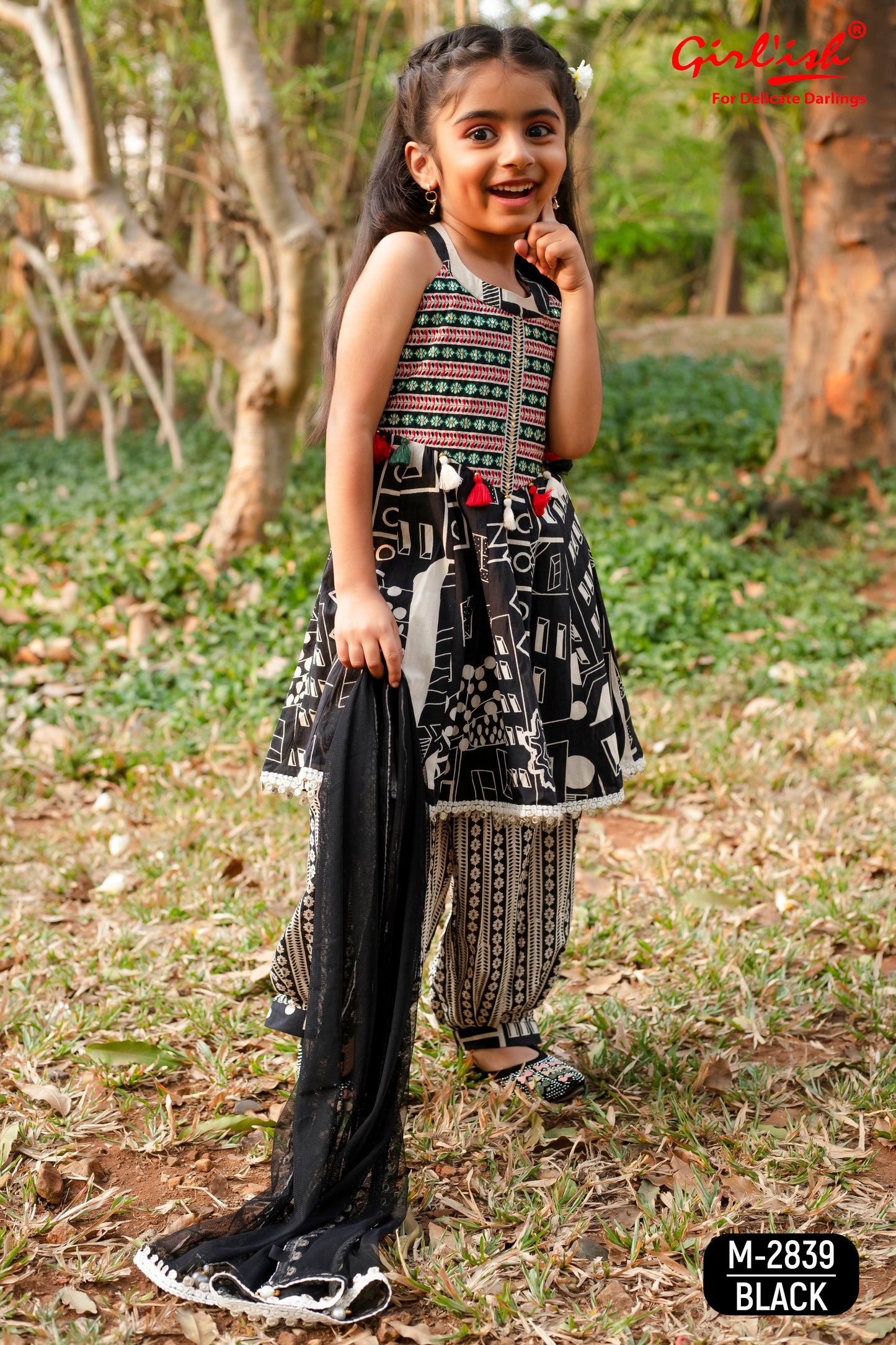 Black & White Printed Halter Neck Pathani salwar Suit Set for Girls | Pure Cotton Kids Ethnic Wear