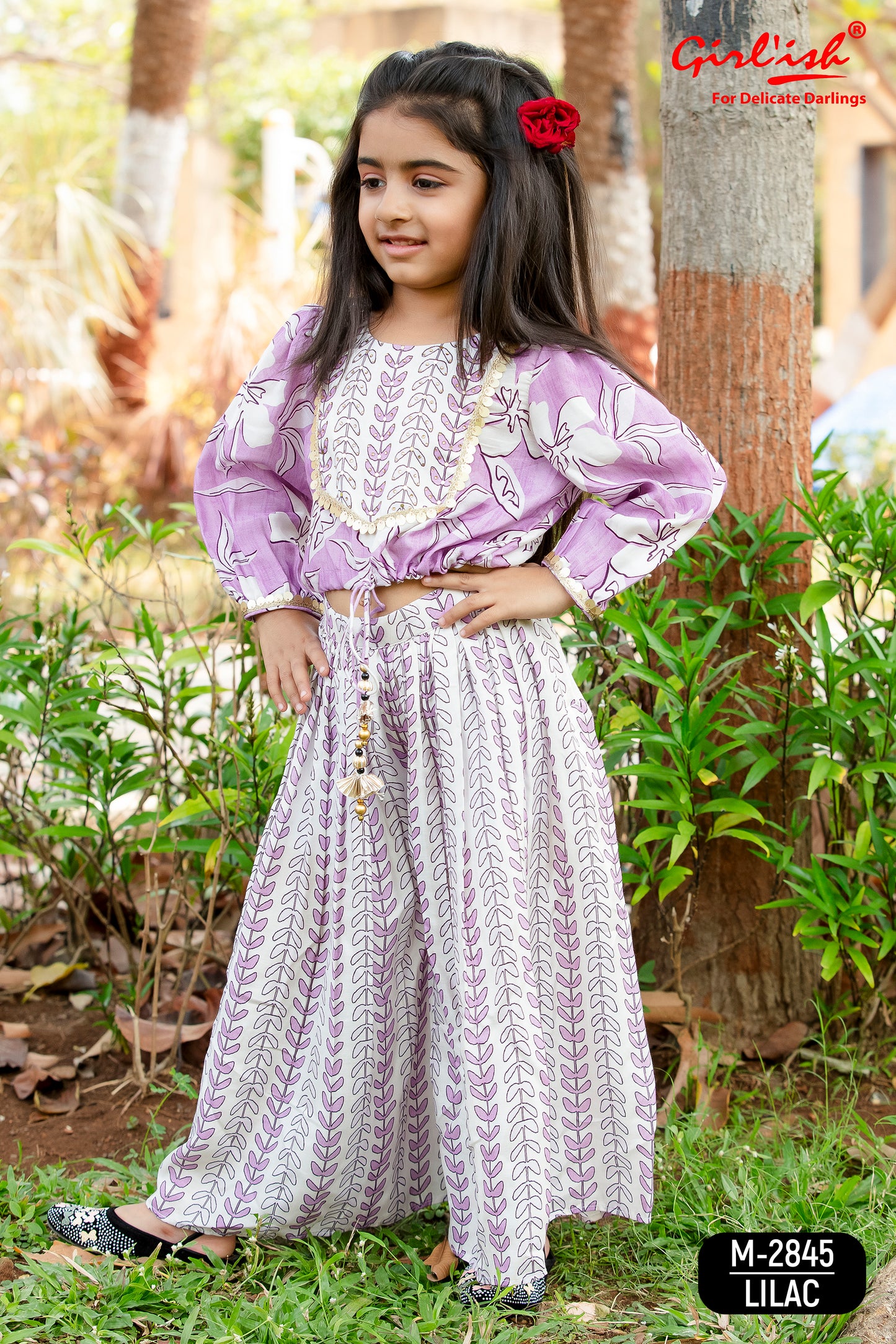 Lilac Printed Muslin Crop Top with Gathered Plazo Set for Girls | Summer Kids Ethnic Wear