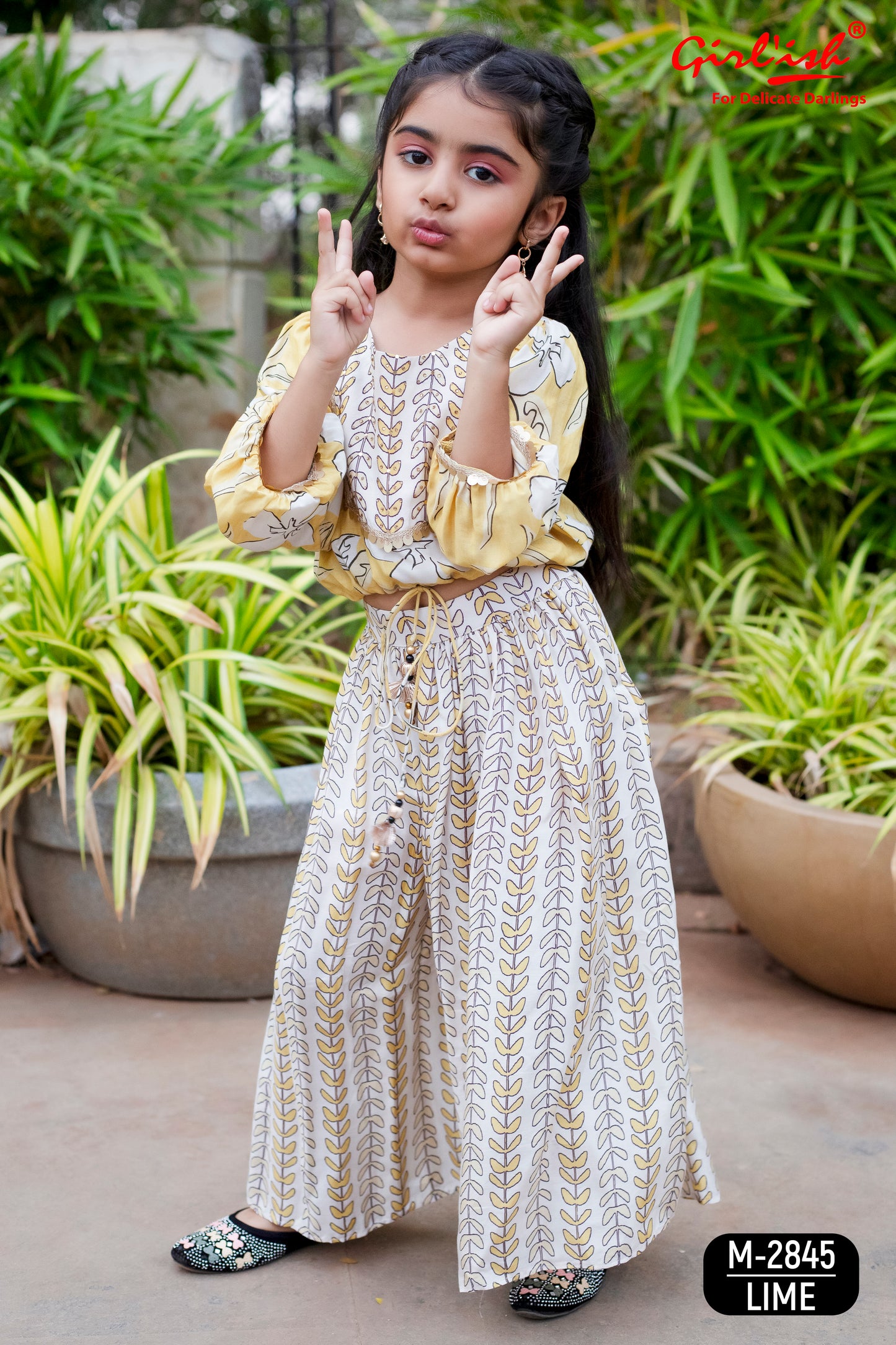 Lime Indo Western Crop Top & Gathered Plazo Set for Girls