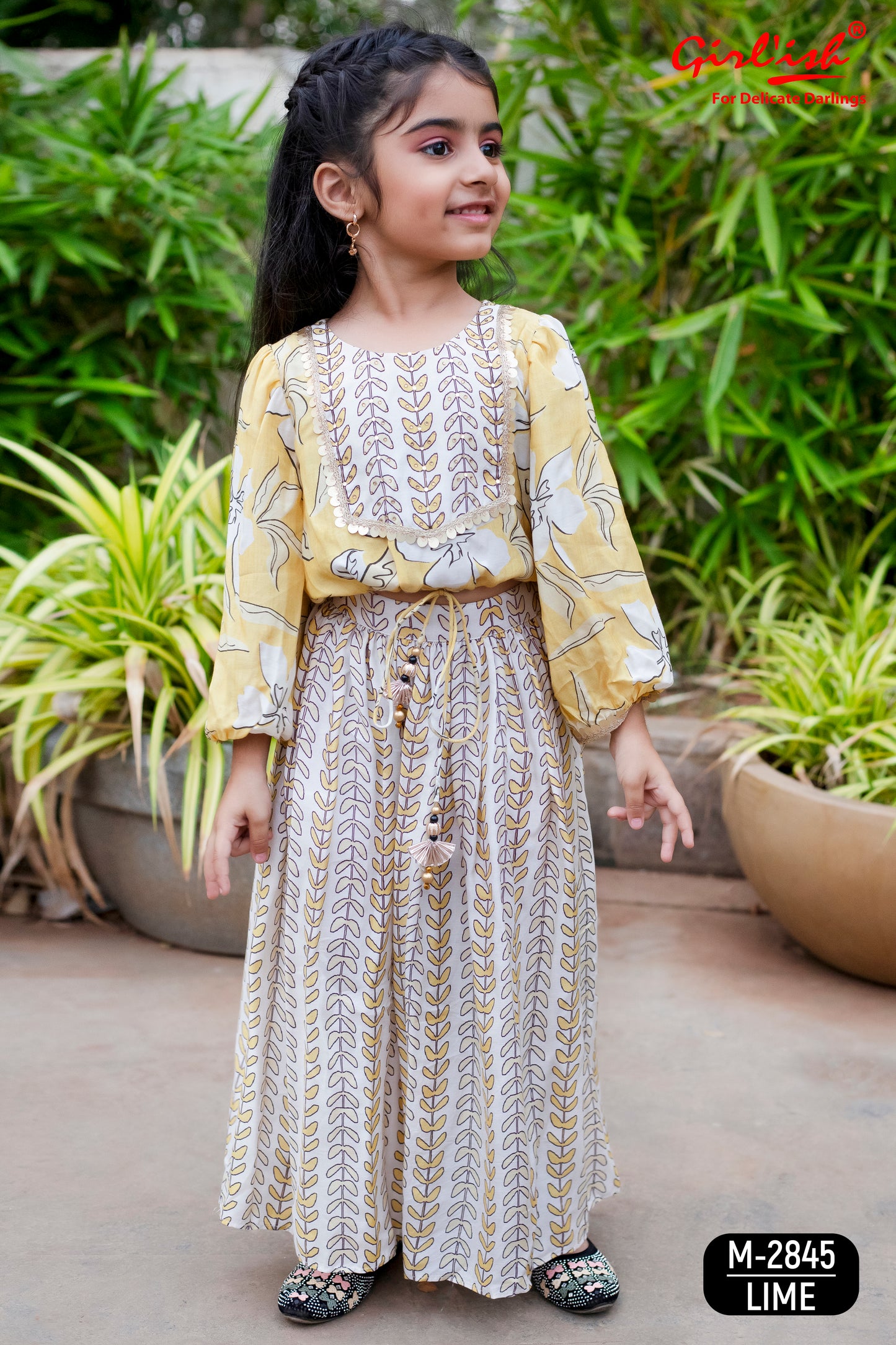 Lime Indo Western Crop Top & Gathered Plazo Set for Girls