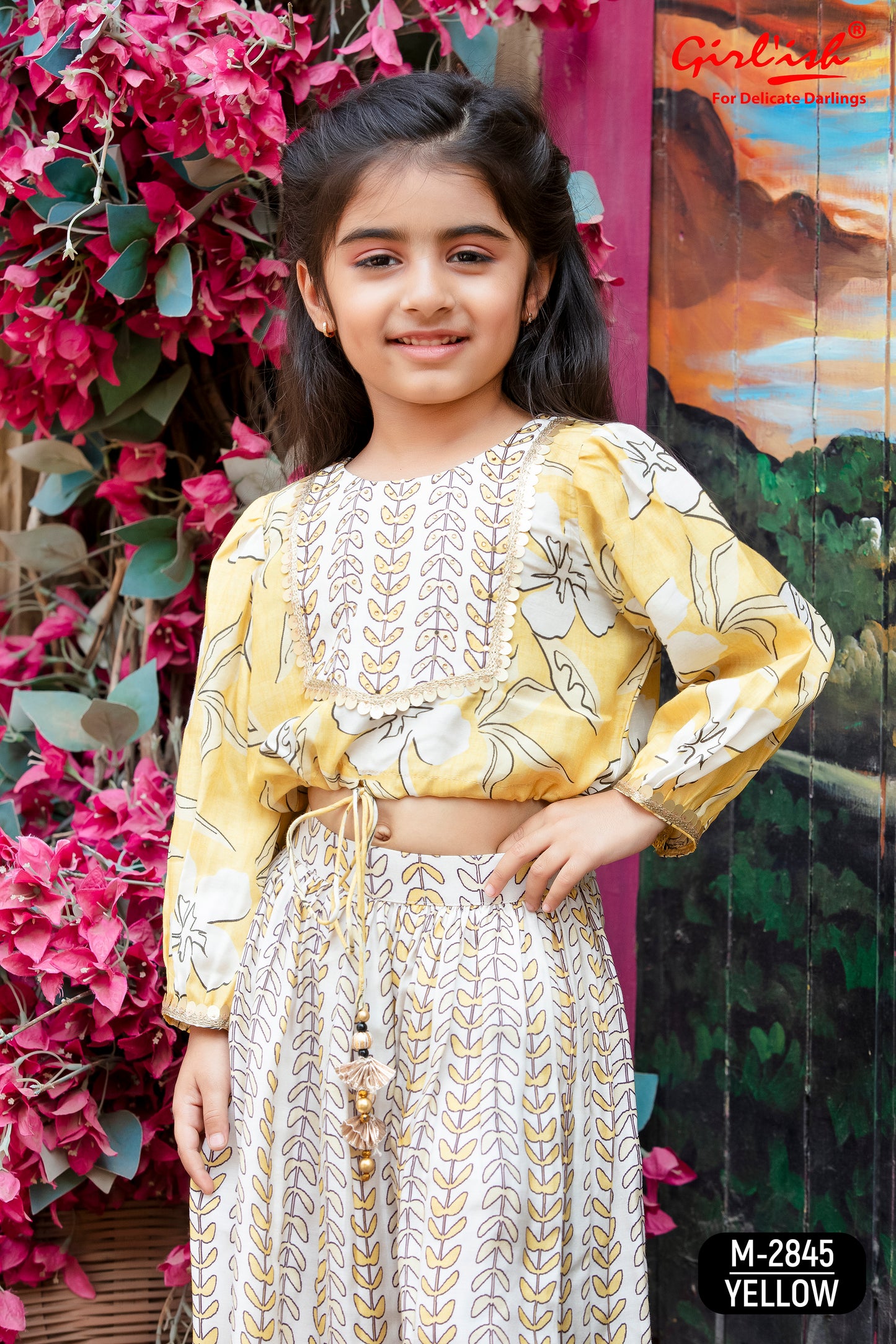 Lime Indo Western Crop Top & Gathered Plazo Set for Girls