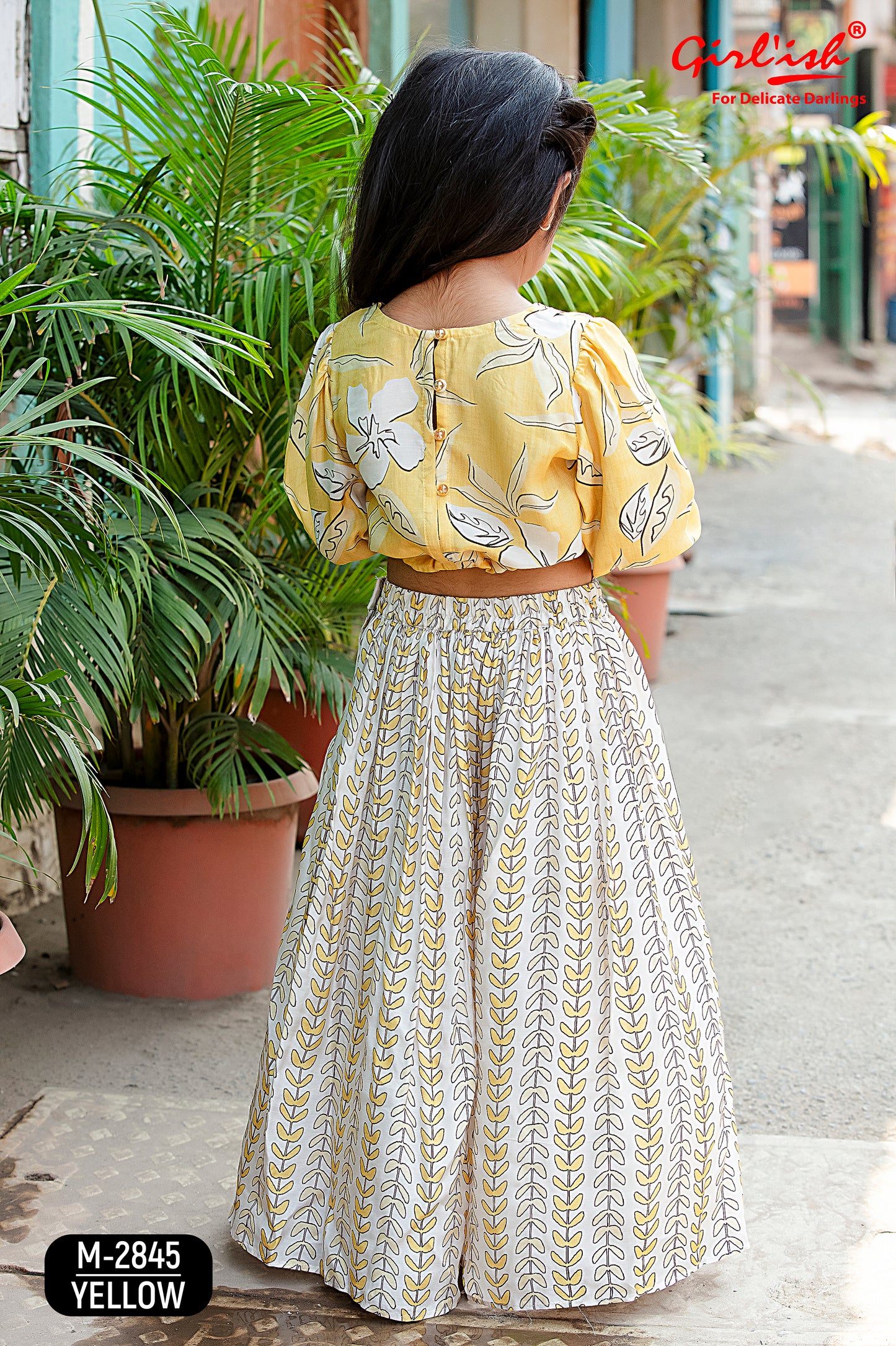 Lime Indo Western Crop Top & Gathered Plazo Set for Girls