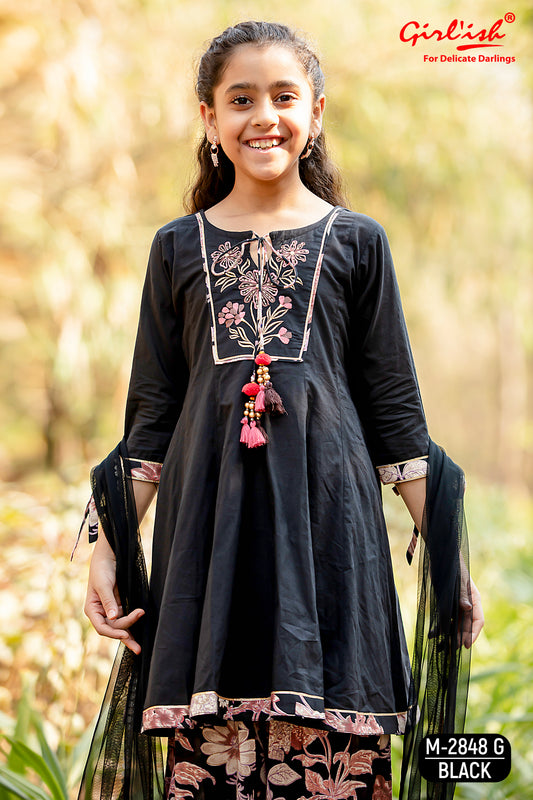 Black Kids’ Anarkali Dupatta Set | Pure Cotton Embroidered Neck | Label Anju Kumar