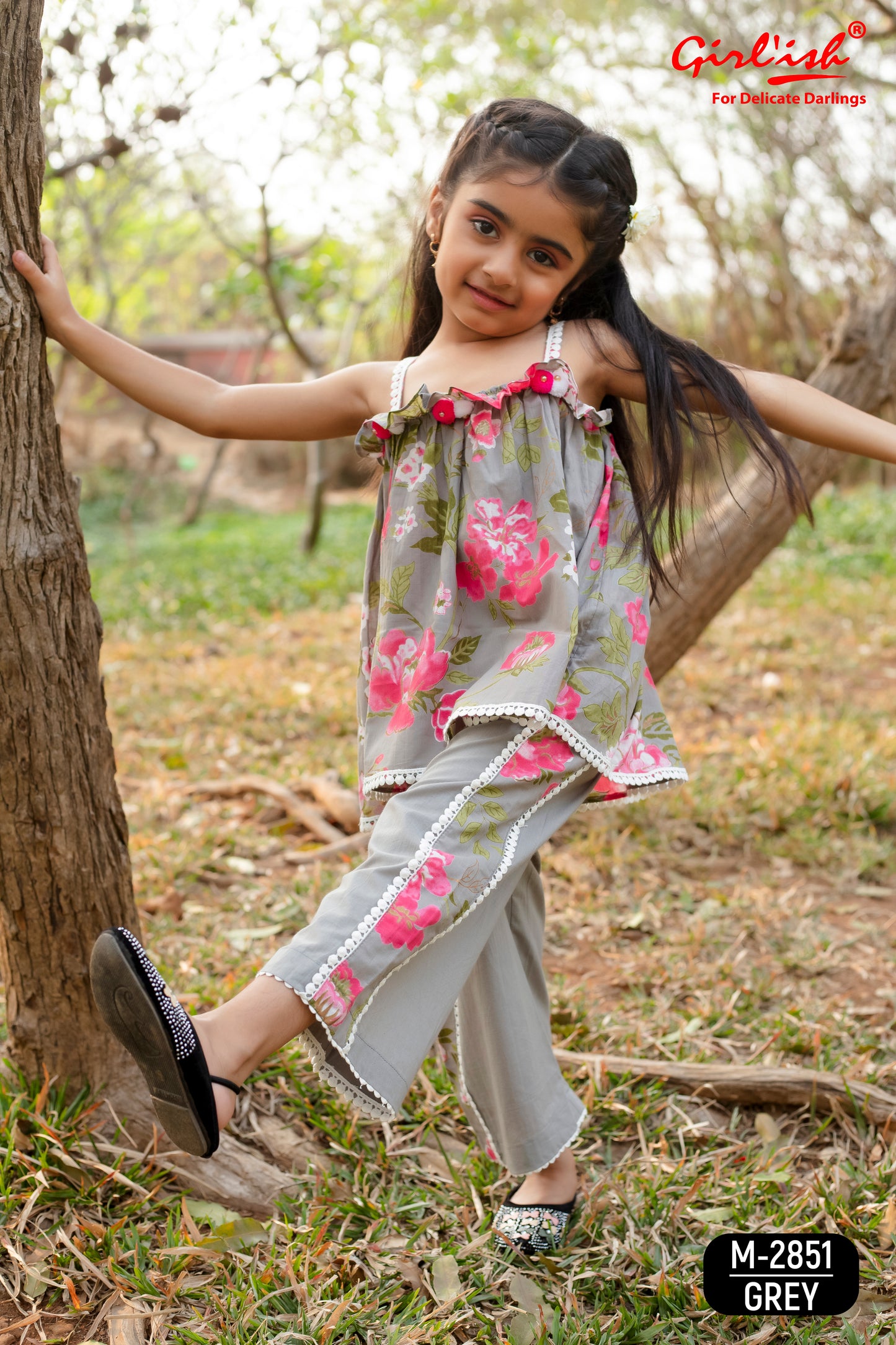 Grey Floral Print Spaghetti Top with Plazo Set – Indo-Western Kids Ethnic Wear | Label Anju Kumar