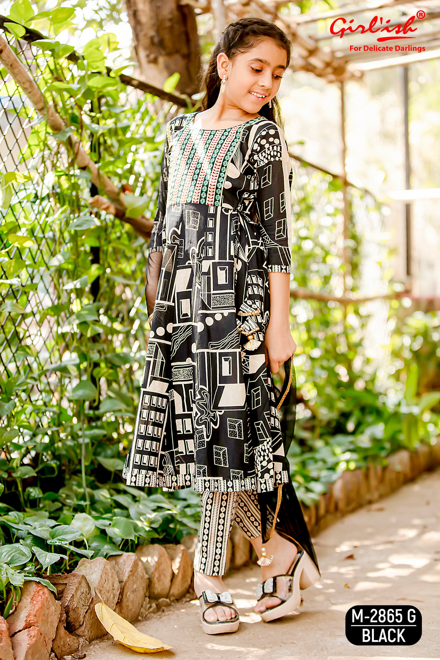 Black Printed Cotton Anarkali Suit Set for Girls with Trouser & Net Dupatta | Thread Embroidery | Ethnic Wear (8–18 Years) – Label Anju Kumar