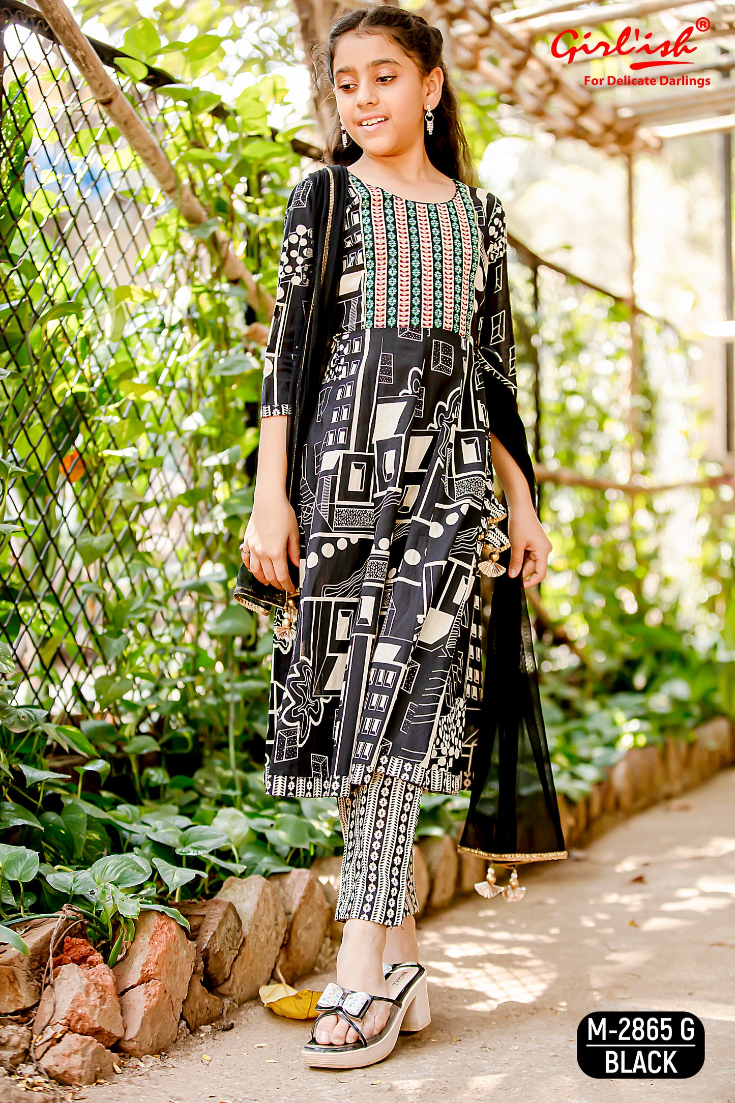 Black Printed Cotton Anarkali Suit Set for Girls with Trouser & Net Dupatta | Thread Embroidery | Ethnic Wear (8–18 Years) – Label Anju Kumar