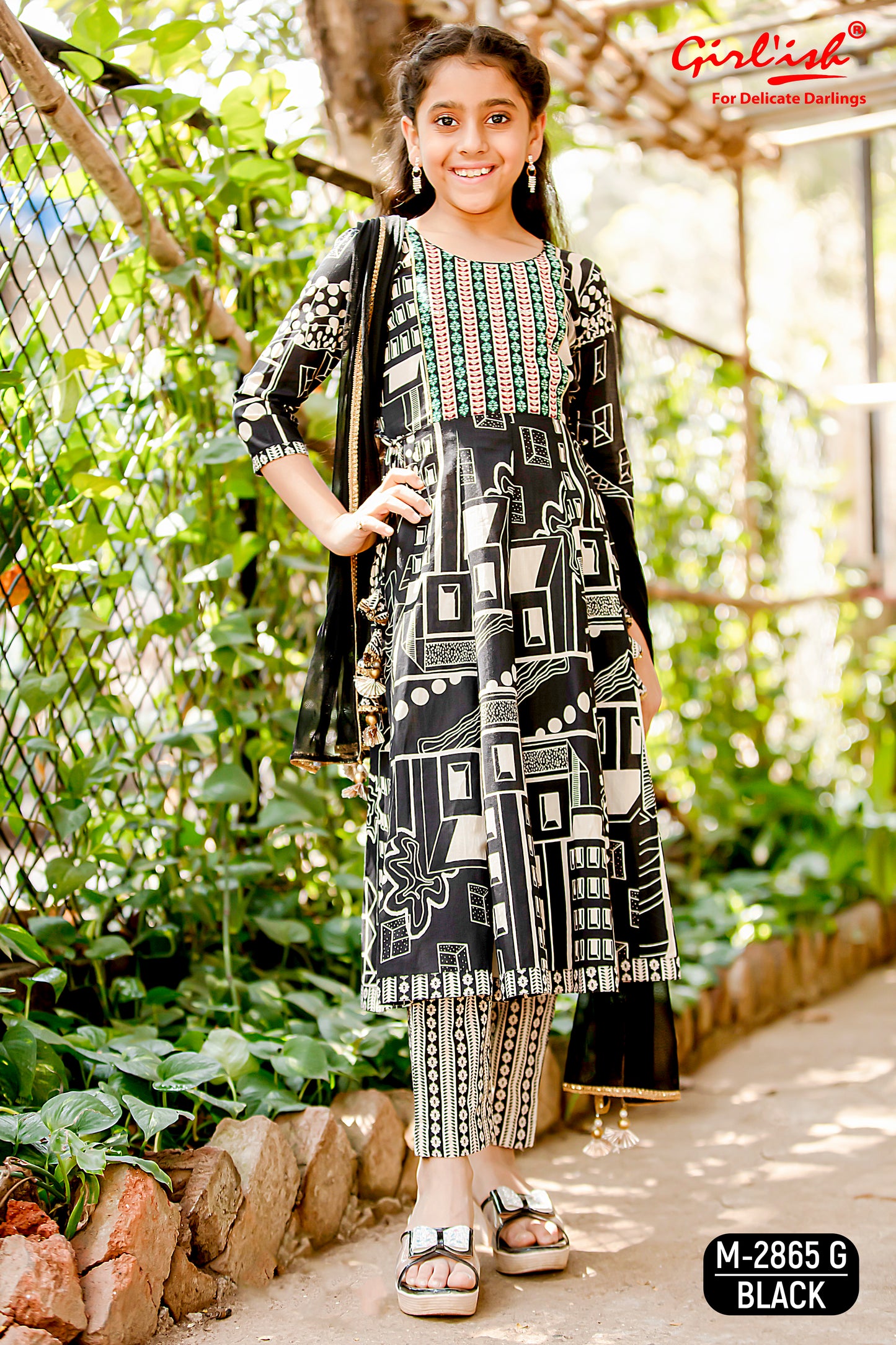 Black Printed Cotton Anarkali Suit Set for Girls with Trouser & Net Dupatta | Thread Embroidery | Ethnic Wear (8–18 Years) – Label Anju Kumar