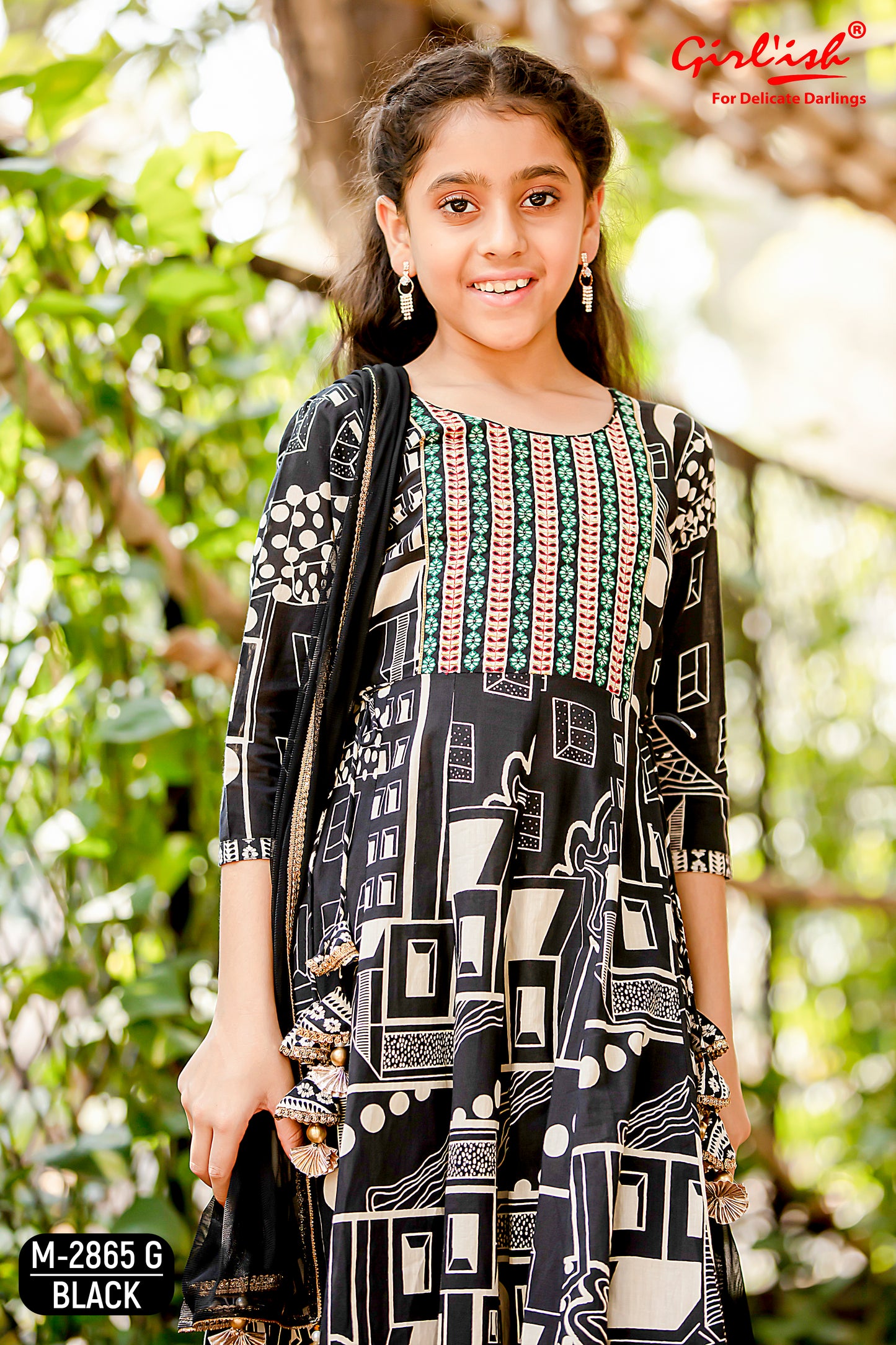 Black Printed Cotton Anarkali Suit Set for Girls with Trouser & Net Dupatta | Thread Embroidery | Ethnic Wear (8–18 Years) – Label Anju Kumar