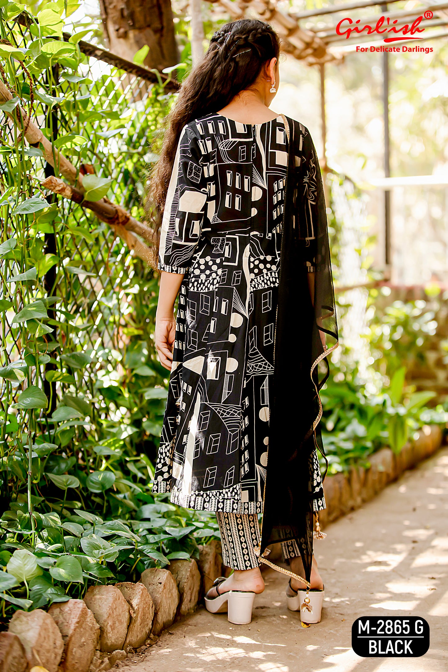 Black Printed Cotton Anarkali Suit Set for Girls with Trouser & Net Dupatta | Thread Embroidery | Ethnic Wear (8–18 Years) – Label Anju Kumar
