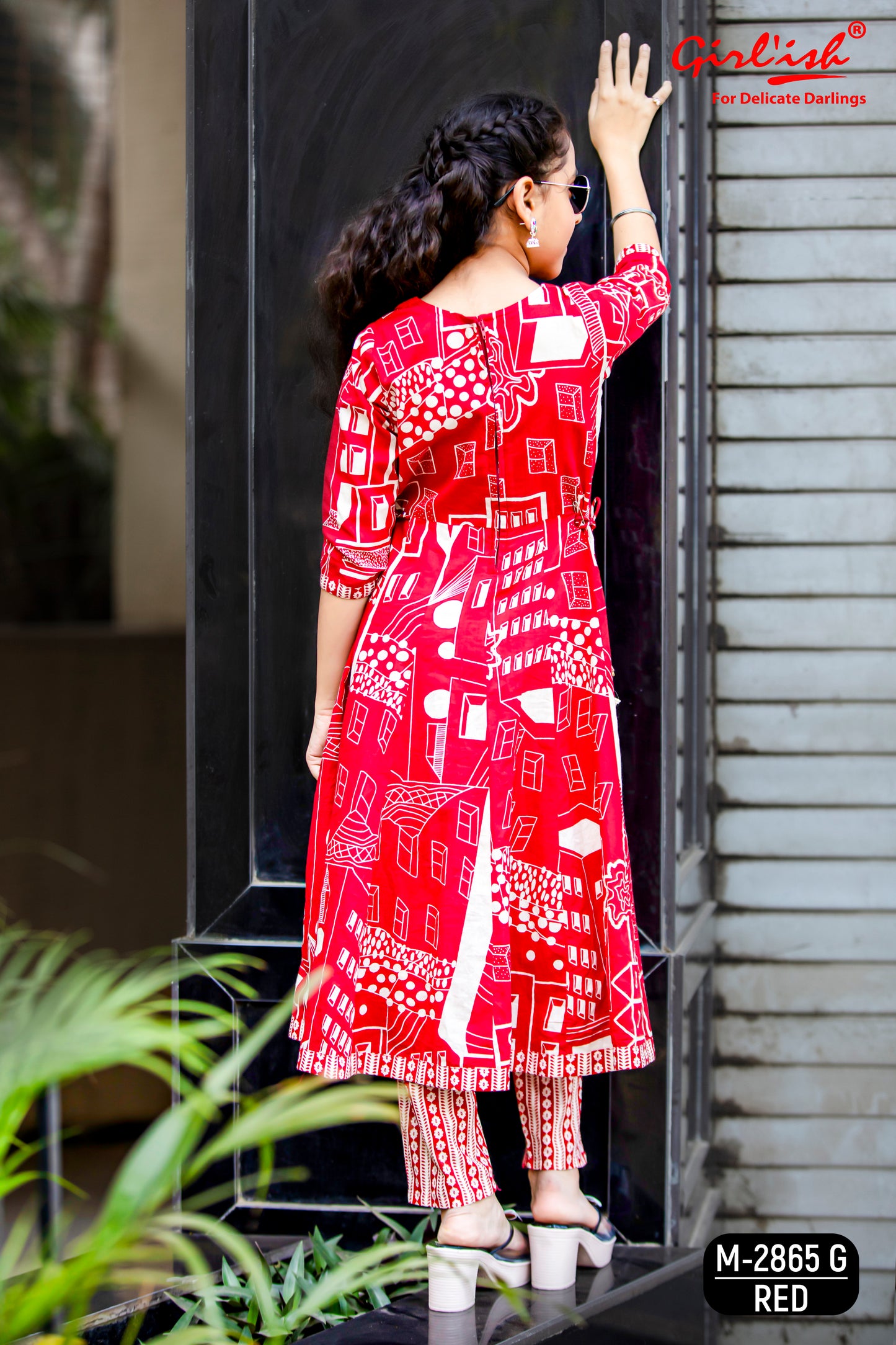 Red Printed Cotton Anarkali Suit Set for Girls with Trouser & Net Dupatta | Thread Embroidery | Ethnic Wear (8–18 Years) – Label Anju Kumar