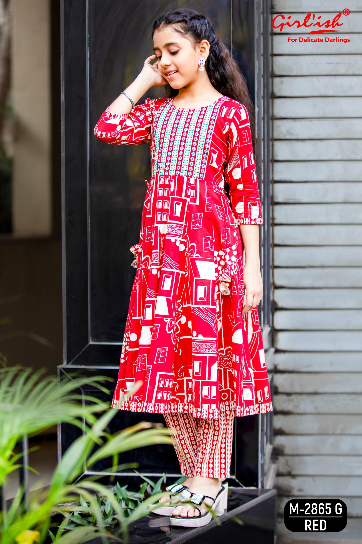 Red Printed Cotton Anarkali Suit Set for Girls with Trouser & Net Dupatta | Thread Embroidery | Ethnic Wear (8–18 Years) – Label Anju Kumar