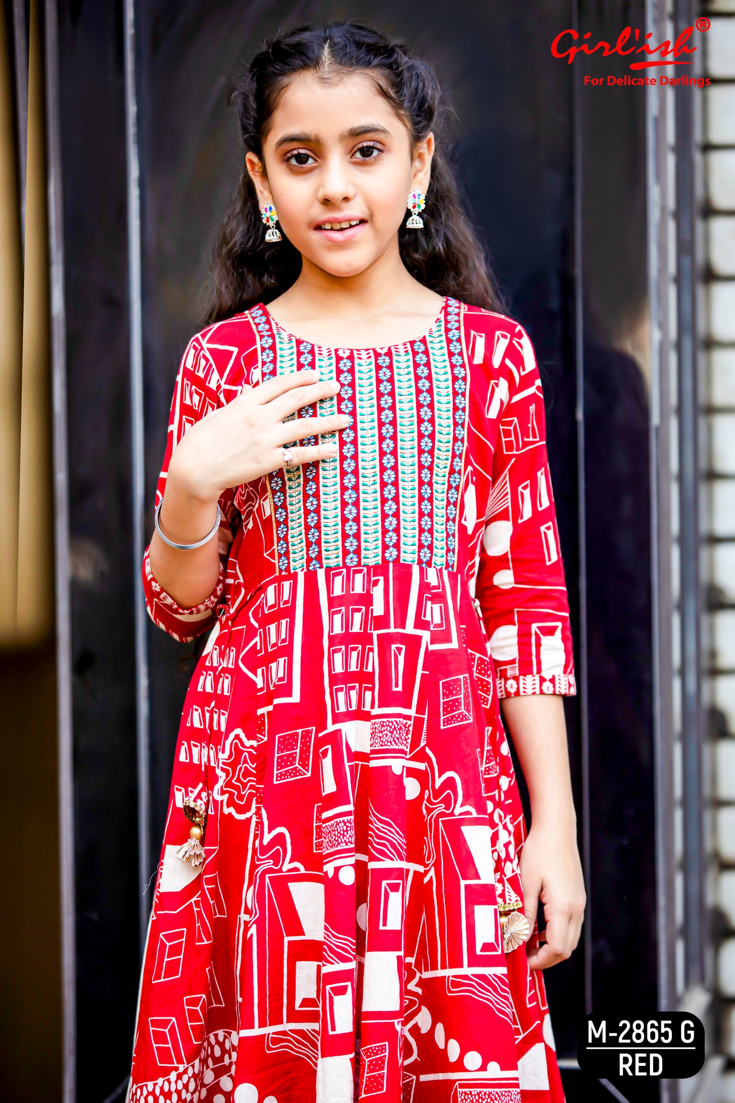 Red Printed Cotton Anarkali Suit Set for Girls with Trouser & Net Dupatta | Thread Embroidery | Ethnic Wear (8–18 Years) – Label Anju Kumar