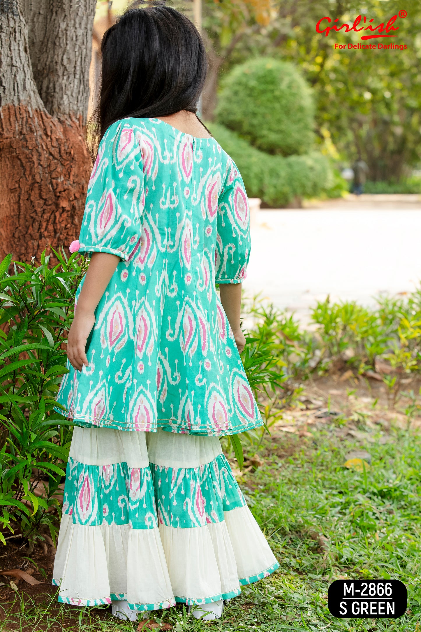 Sea Green Cotton Anarkali Sharara & Dupatta Set for Girls – Kids Ethnic Wear | Label Anju Kumar
