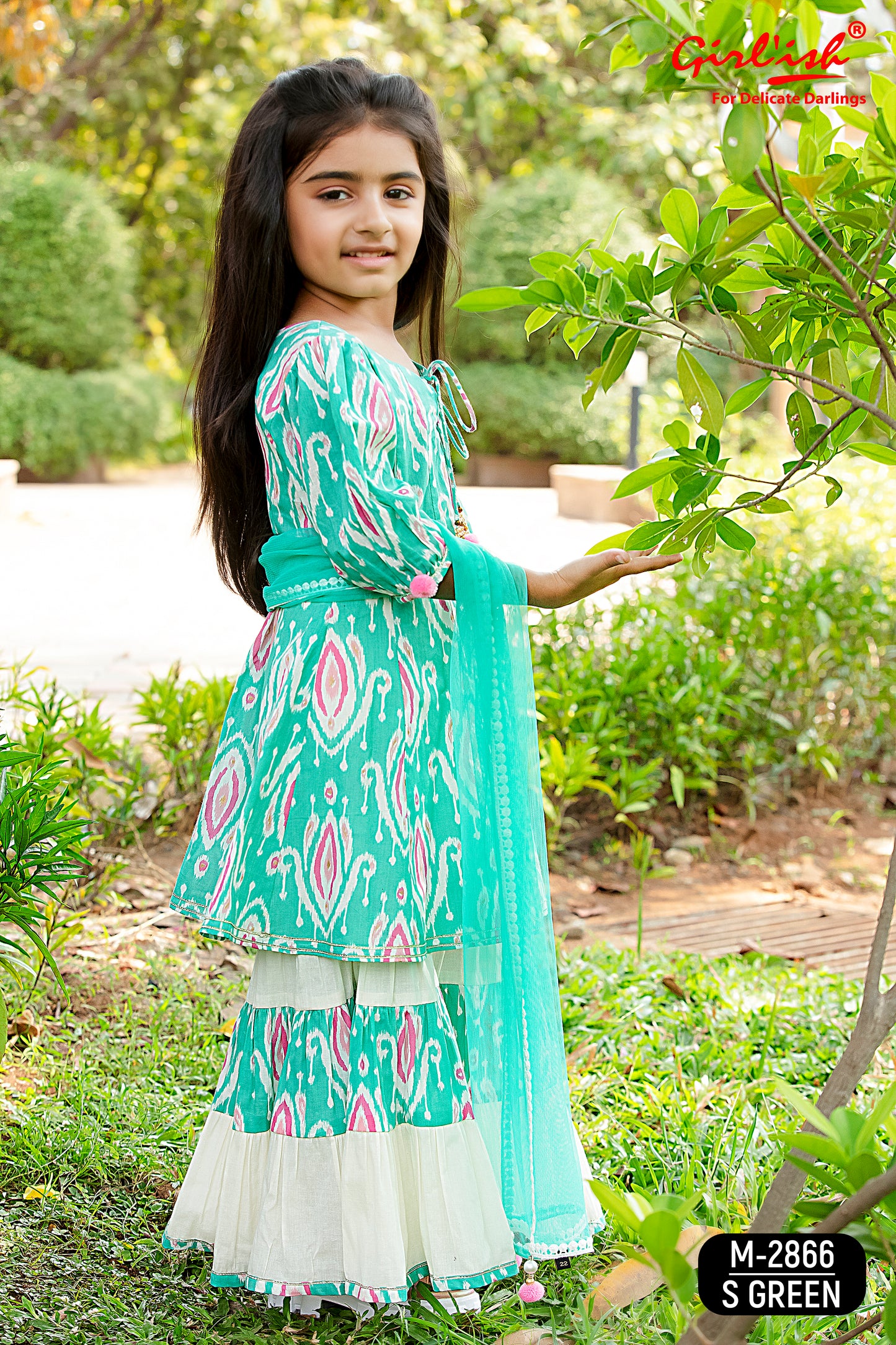 Sea Green Cotton Anarkali Sharara & Dupatta Set for Girls – Kids Ethnic Wear | Label Anju Kumar