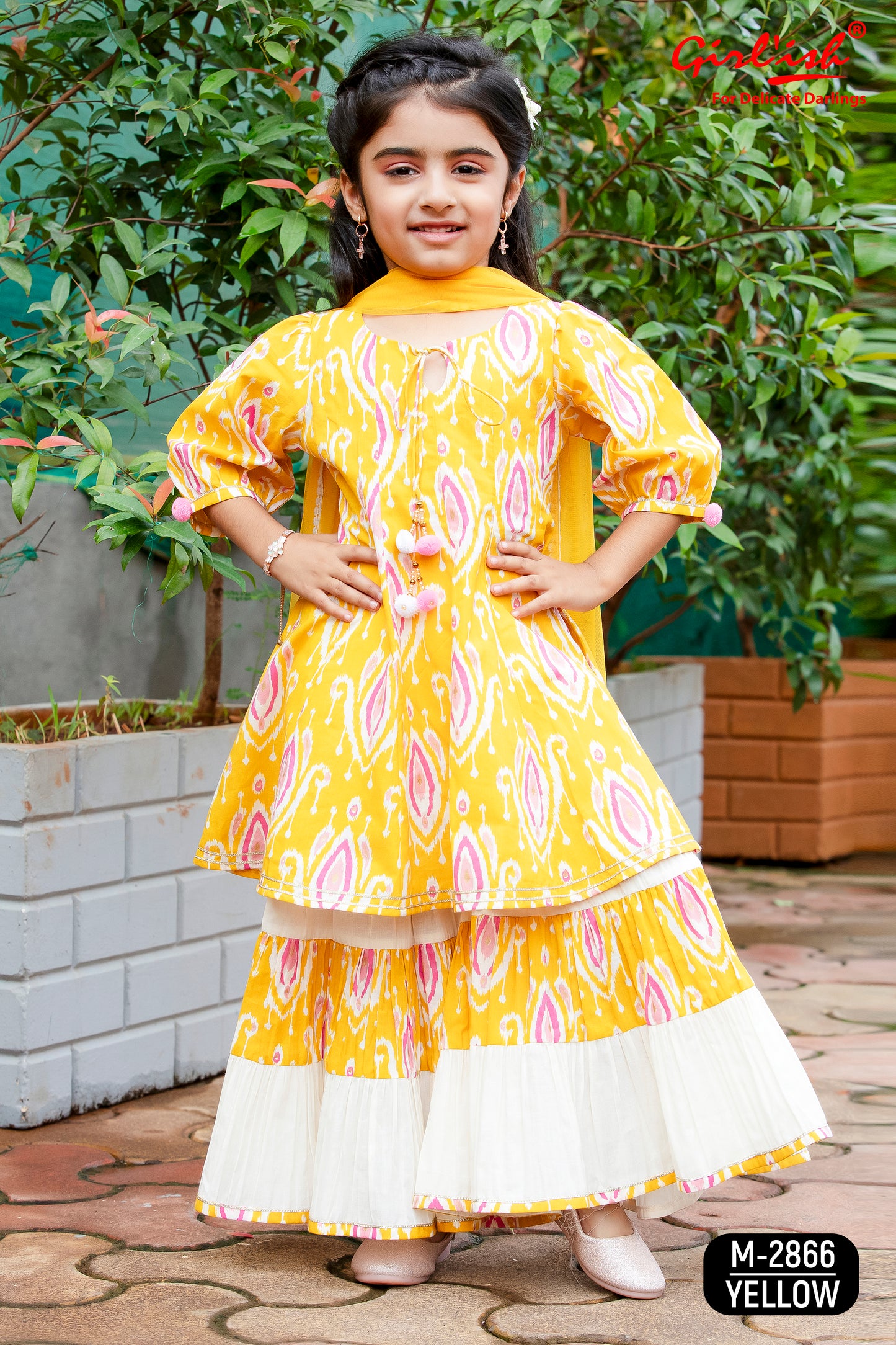 Yellow Cotton Anarkali Sharara & Dupatta Set for Girls – Kids Ethnic Wear | Label Anju Kumar