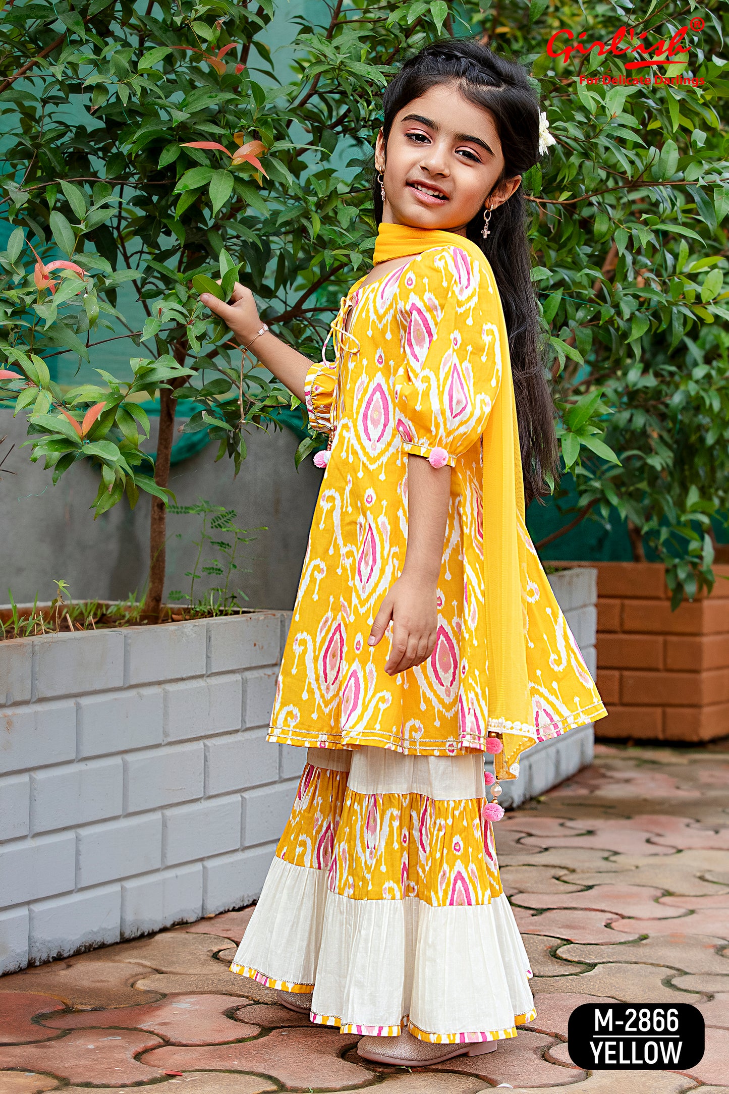 Yellow Cotton Anarkali Sharara & Dupatta Set for Girls – Kids Ethnic Wear | Label Anju Kumar