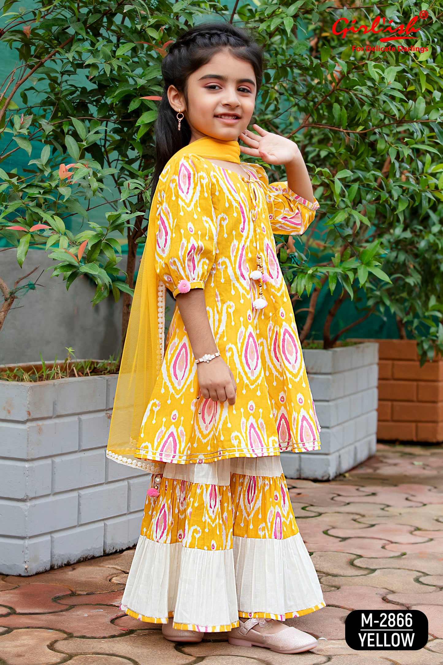 Yellow Cotton Anarkali Sharara & Dupatta Set for Girls – Kids Ethnic Wear | Label Anju Kumar