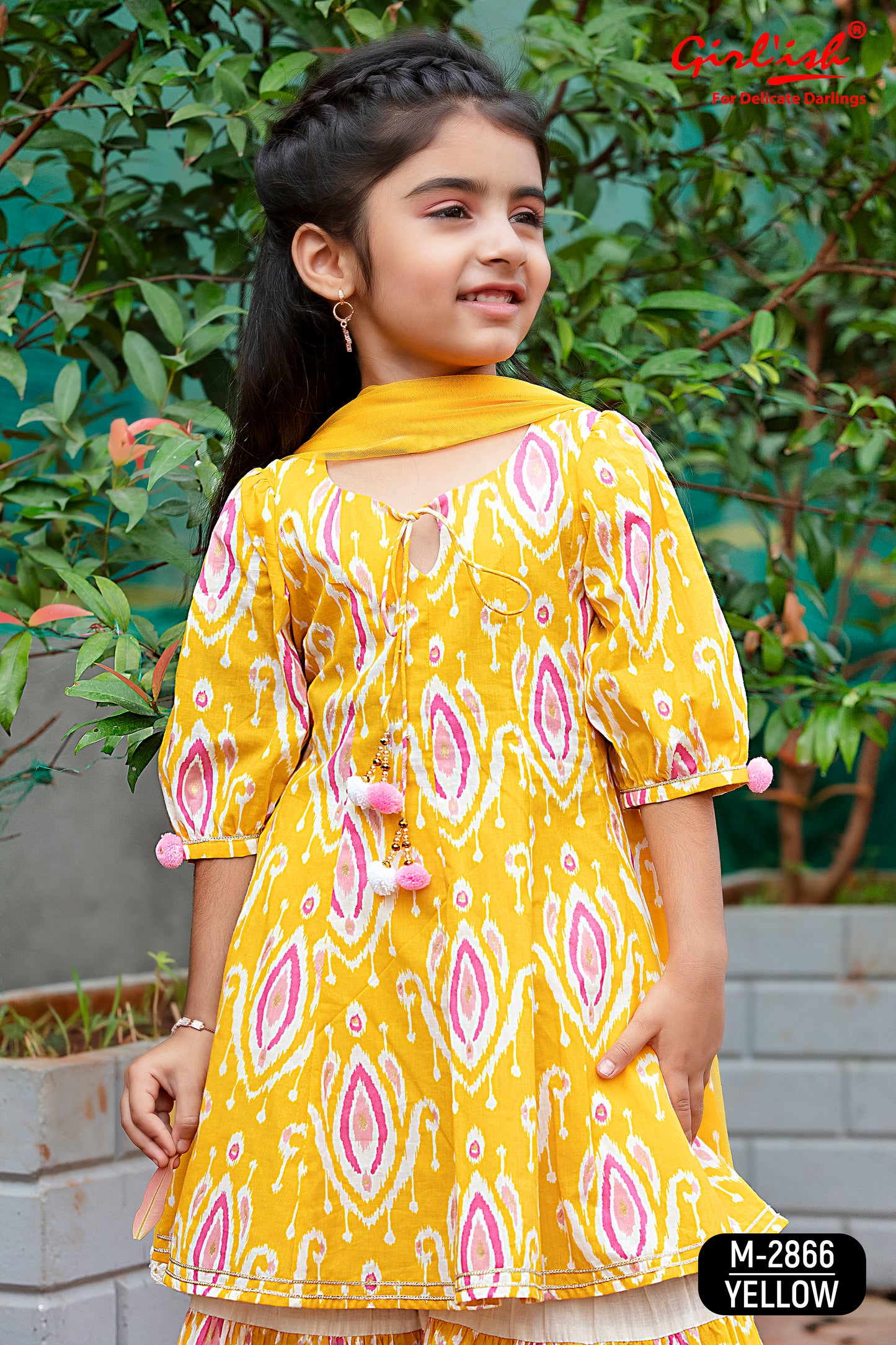 Yellow Cotton Anarkali Sharara & Dupatta Set for Girls – Kids Ethnic Wear | Label Anju Kumar