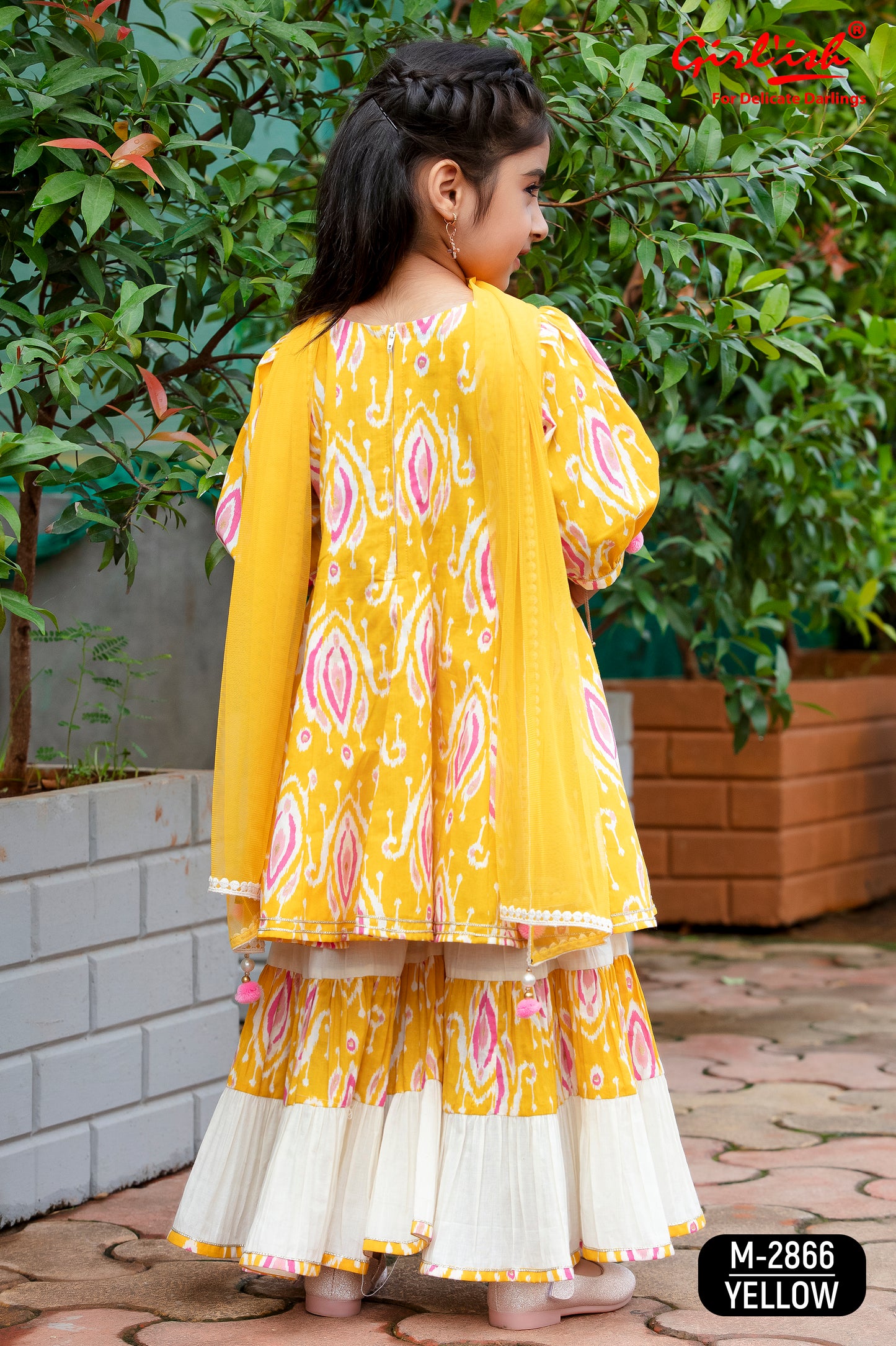 Yellow Cotton Anarkali Sharara & Dupatta Set for Girls – Kids Ethnic Wear | Label Anju Kumar