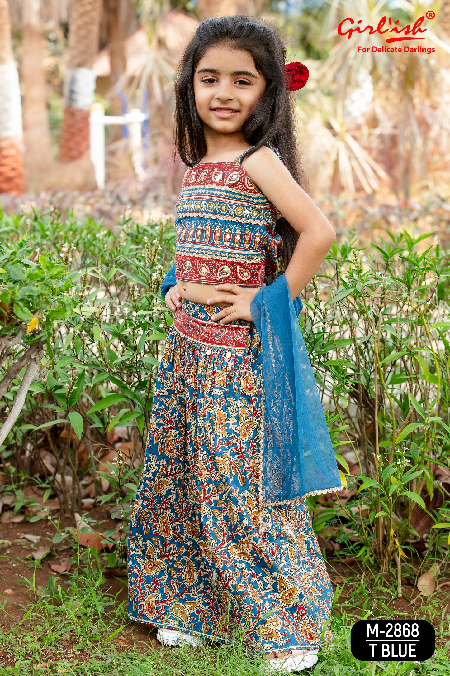 Blue Kalamkari Print Cotton Lehenga Choli Set for Girls with Thread Embroidery & Net Dupatta | Kids Ethnic Wear – Label Anju Kumar